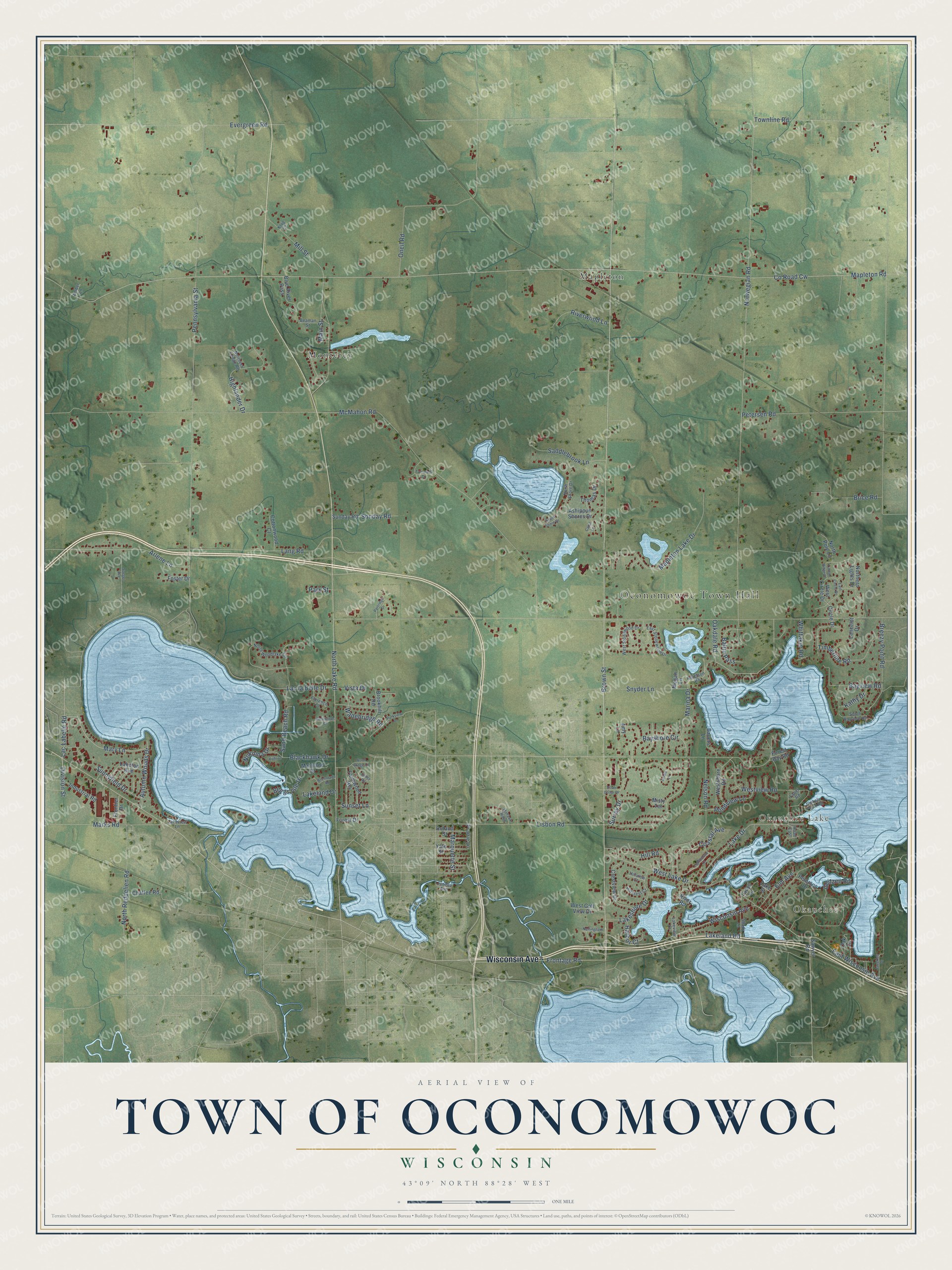 Full map of Oconomowoc, Wisconsin, with red buildings, printed street names and the land around them