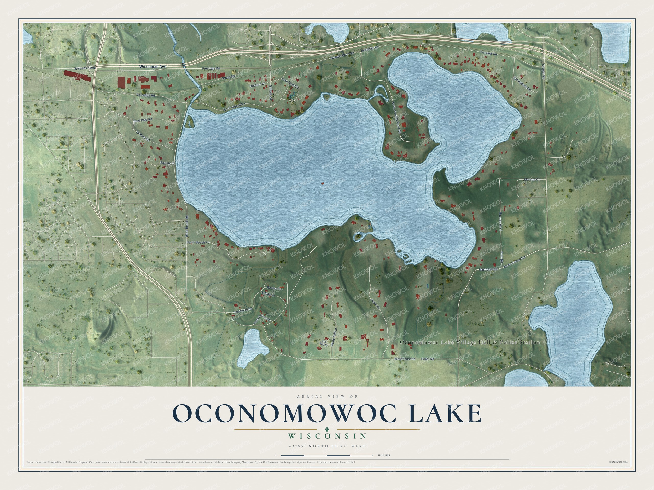 Full map of Oconomowoc Lake, Wisconsin, with red buildings, printed street names and the land around them