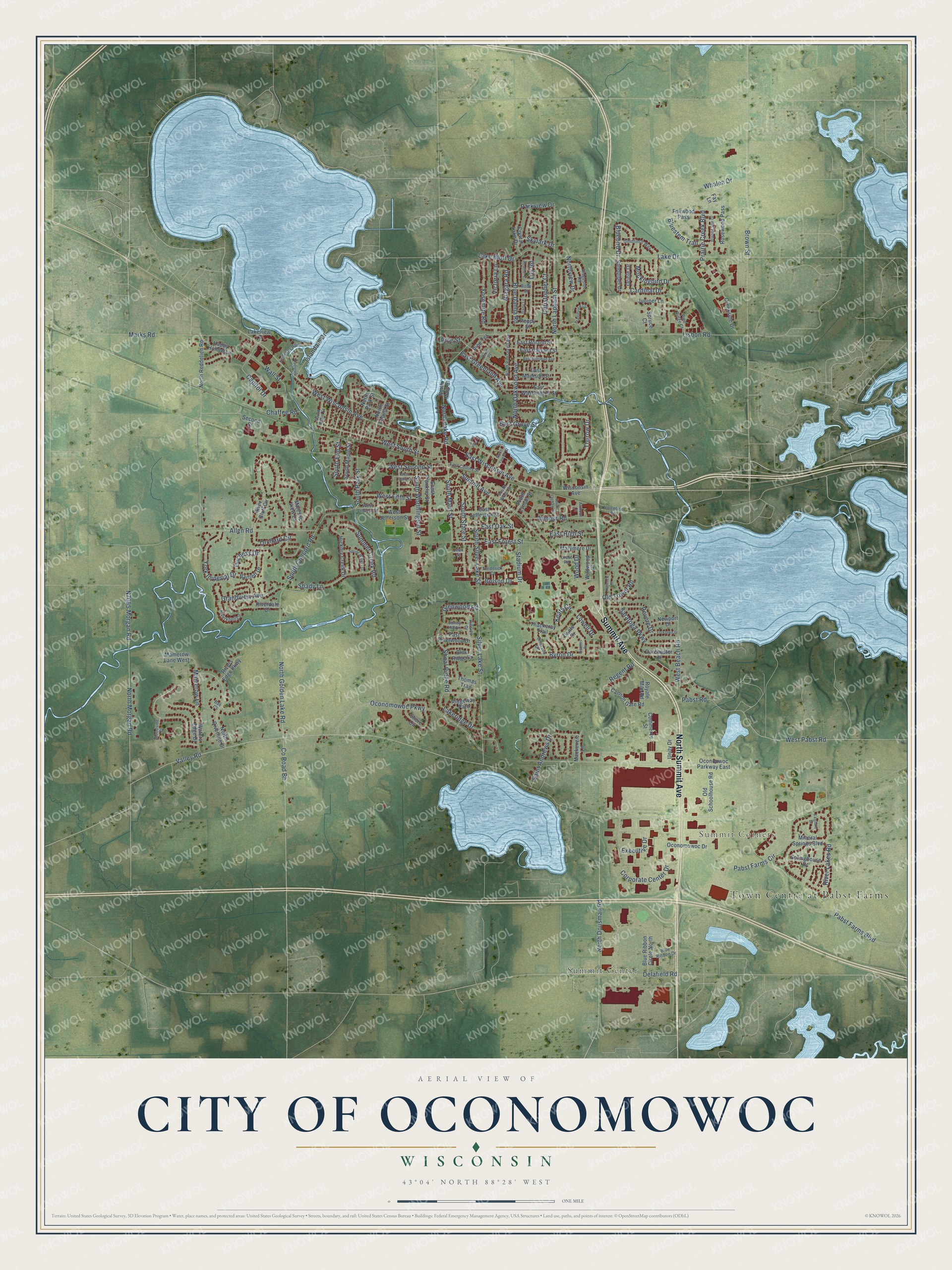 Full map of Oconomowoc, Wisconsin, with red buildings, printed street names and the land around them