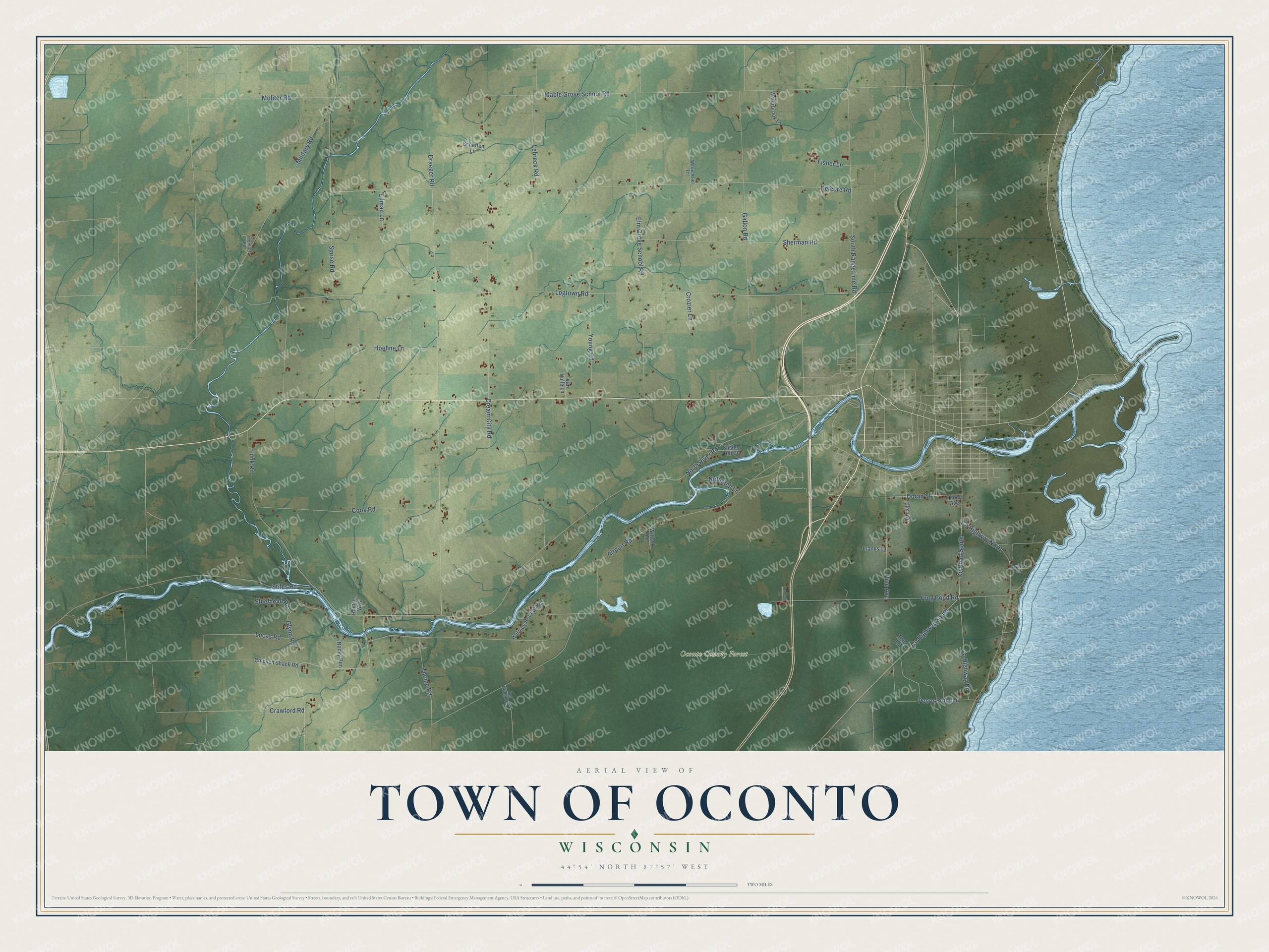Full map of Oconto, Wisconsin, with red buildings, printed street names and the land around them
