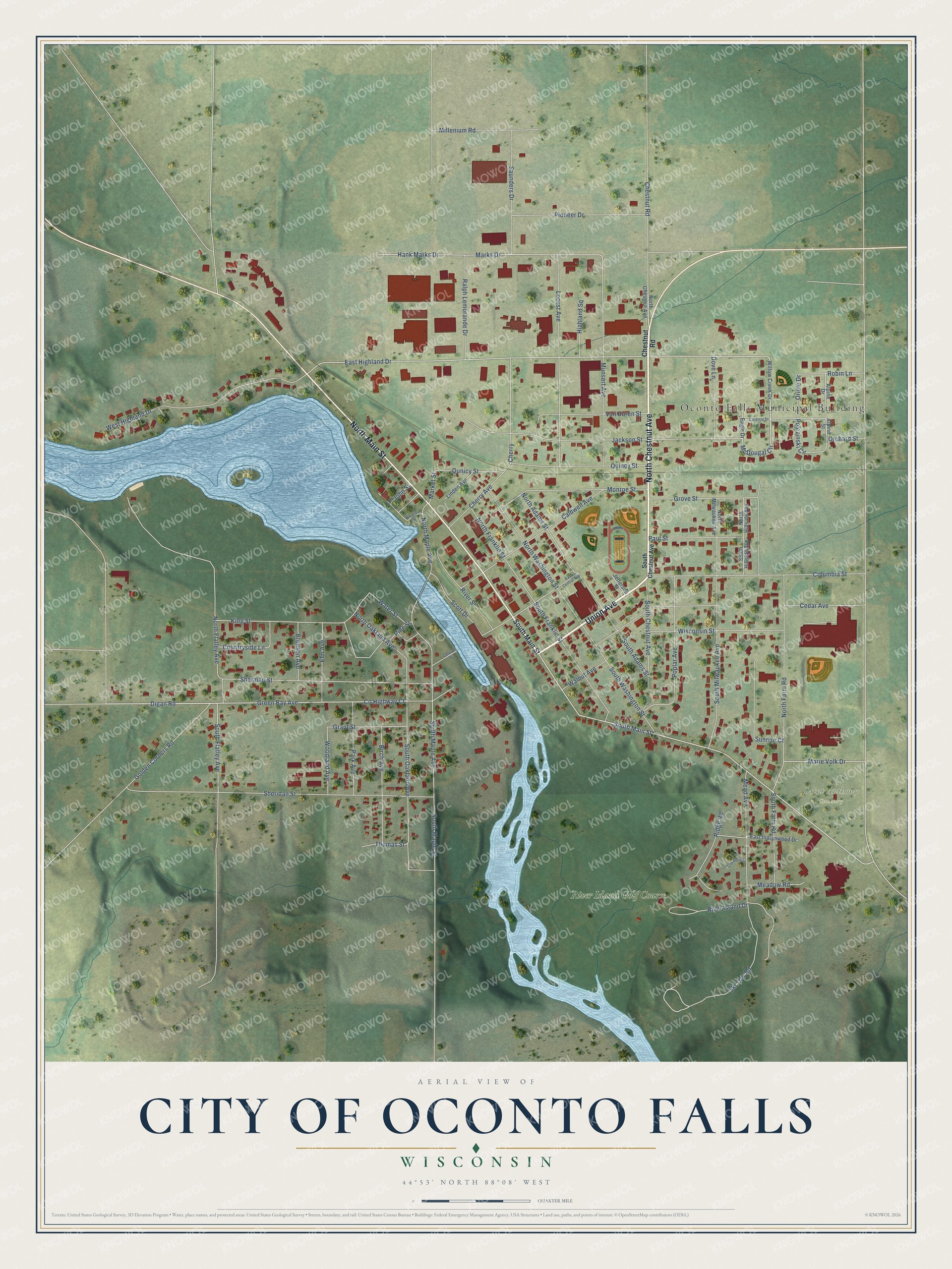 Full map of Oconto Falls, Wisconsin, with red buildings, printed street names and the land around them
