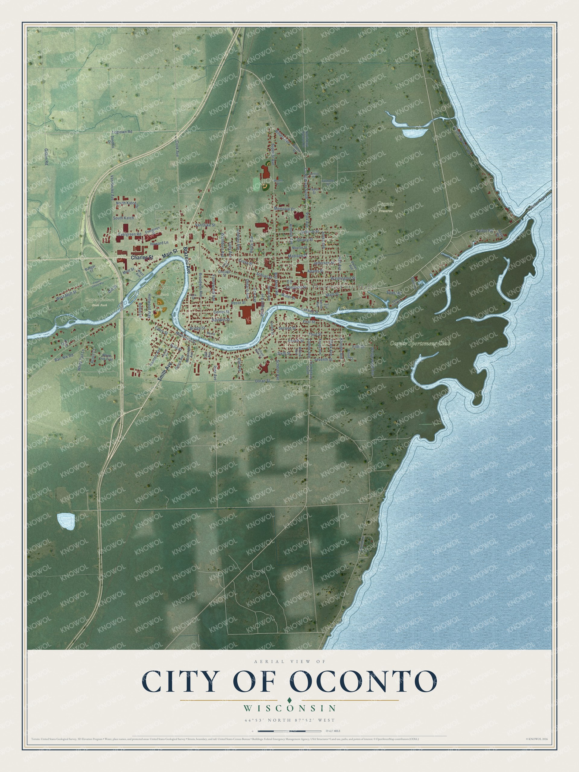 Full map of Oconto, Wisconsin, with red buildings, printed street names and the land around them