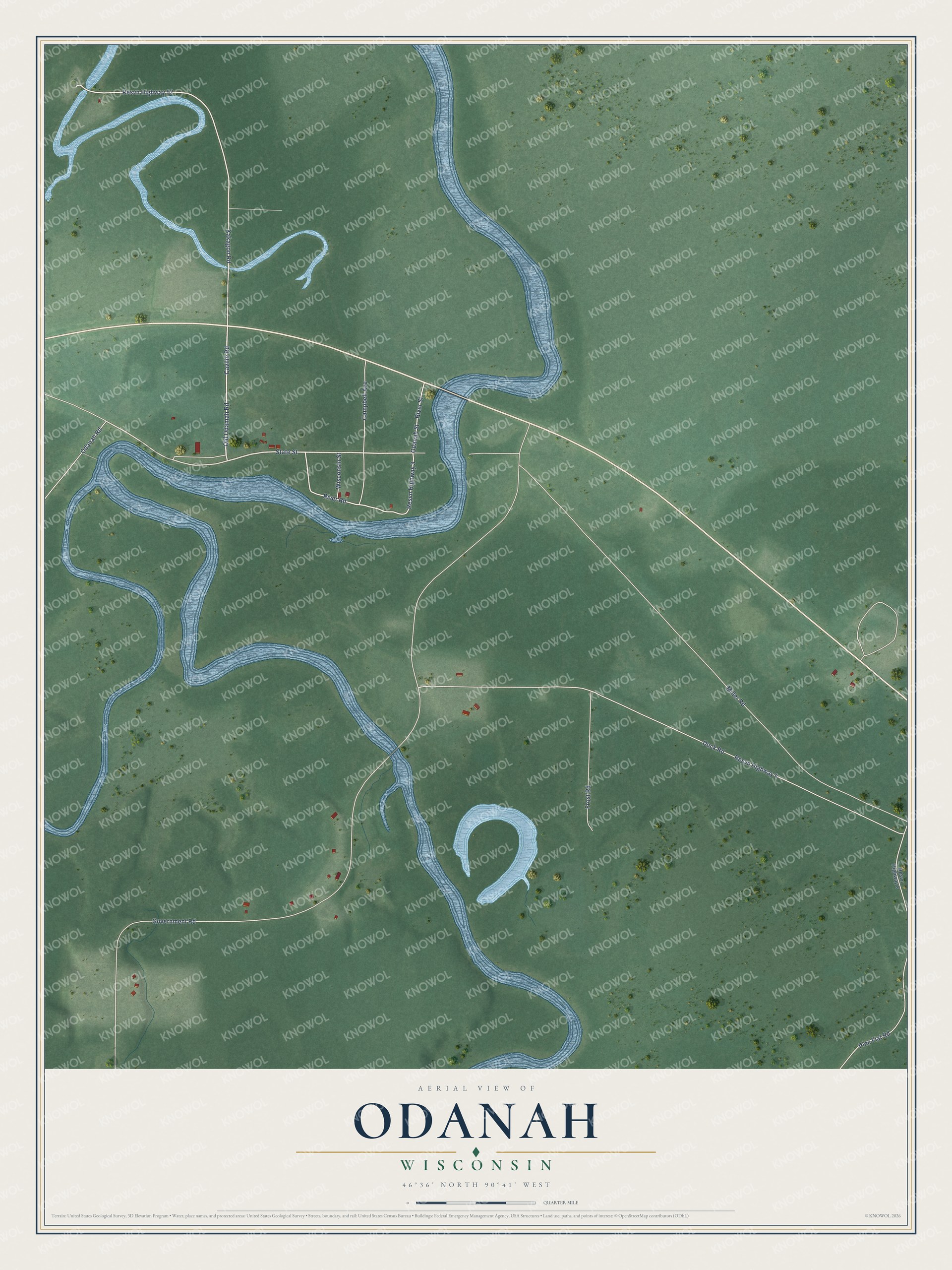 Full map of Odanah, Wisconsin, with red buildings, printed street names and the land around them