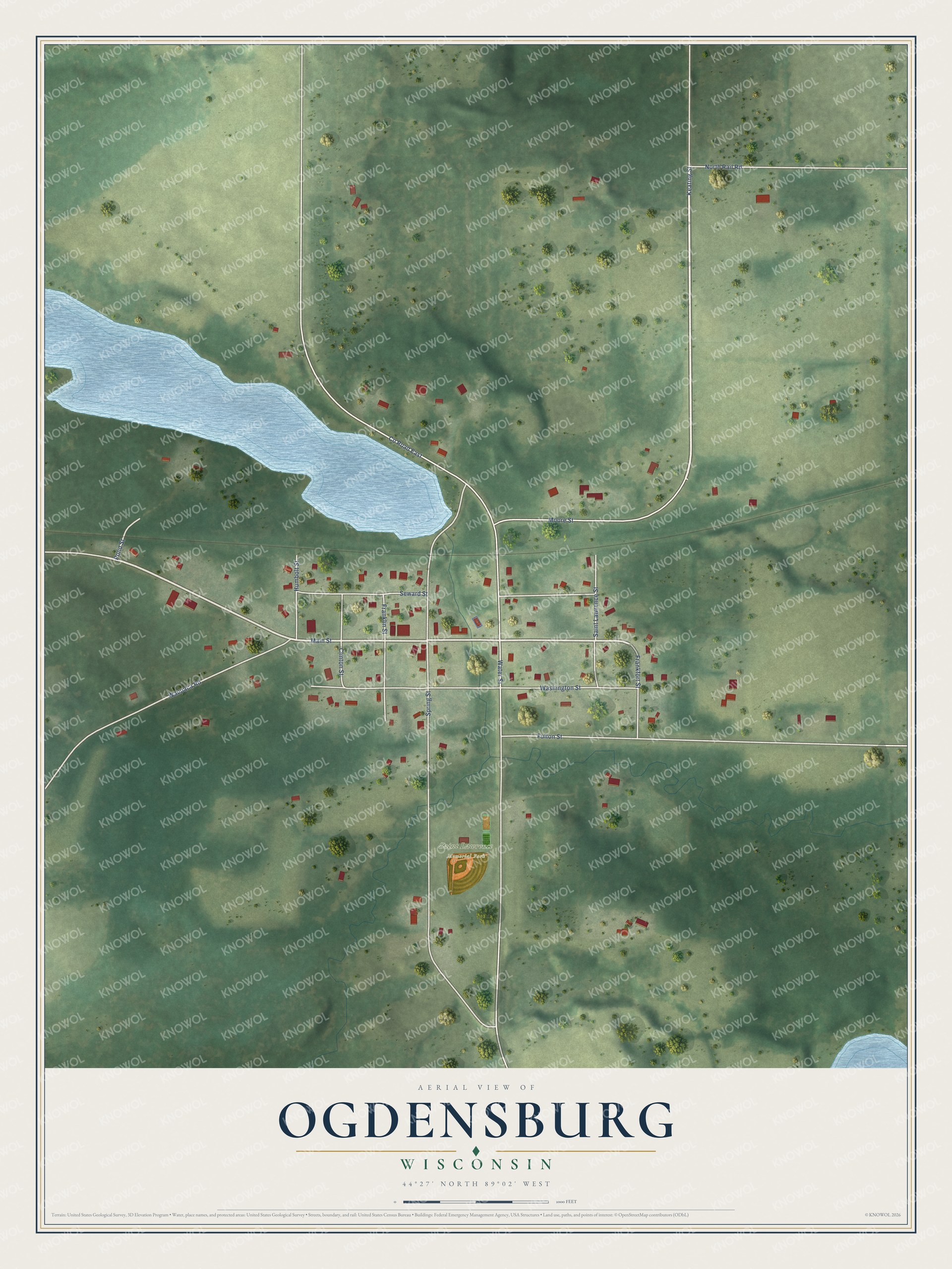 Full map of Ogdensburg, Wisconsin, with red buildings, printed street names and the land around them