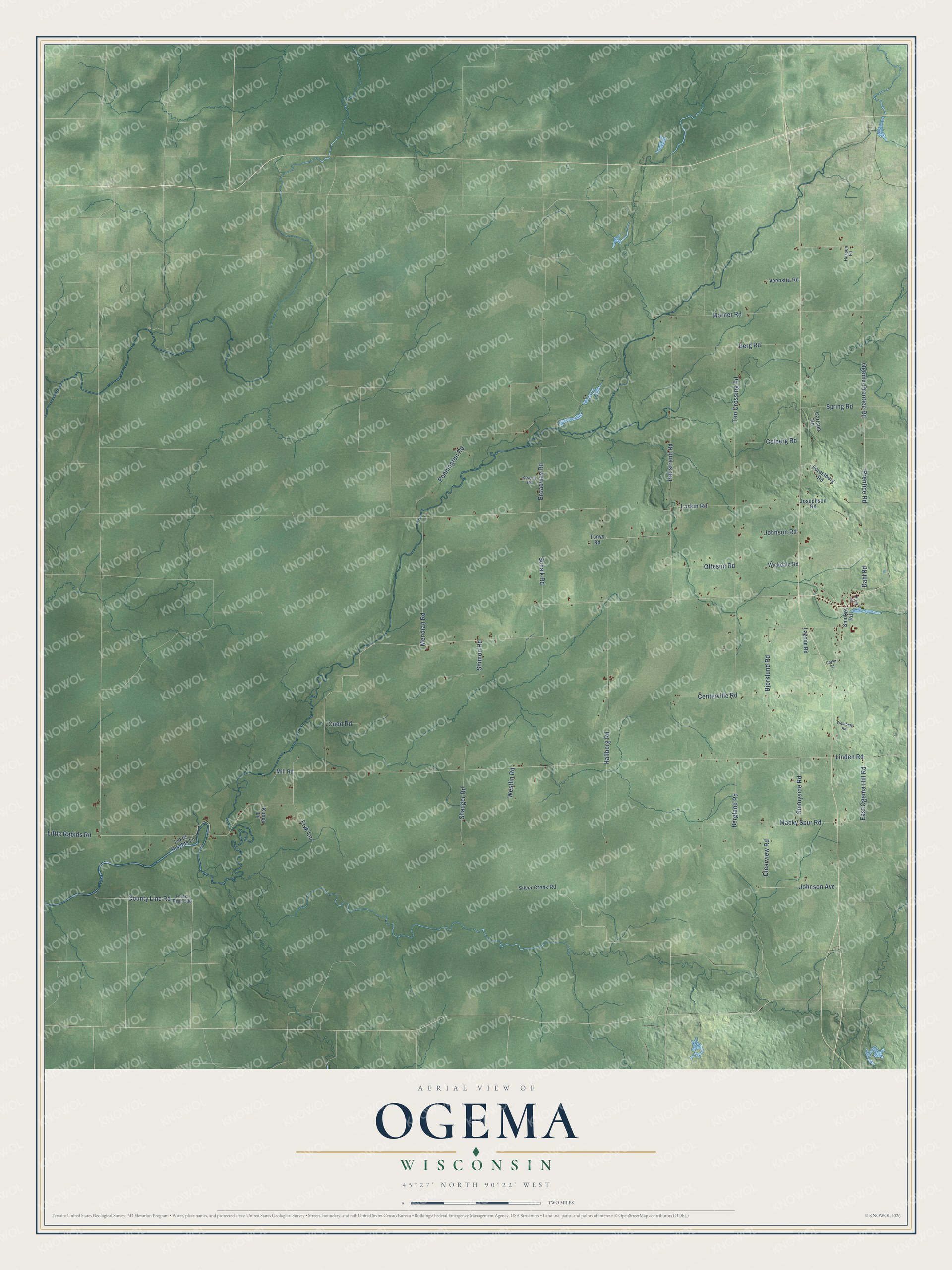 Full map of Ogema, Wisconsin, with red buildings, printed street names and the land around them