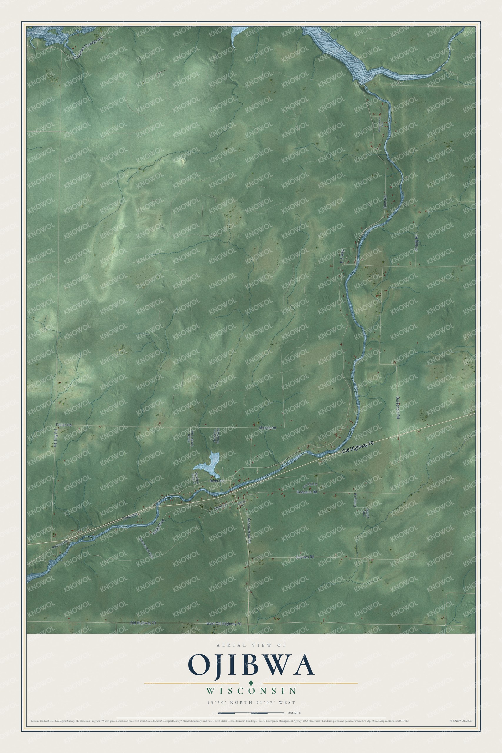 Full map of Ojibwa, Wisconsin, with red buildings, printed street names and the land around them