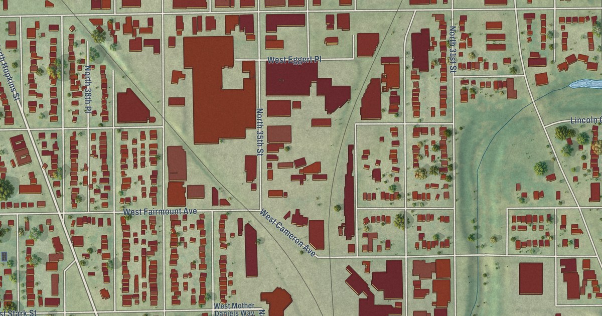 Close-up of streets and buildings in Old North Milwaukee, Wisconsin