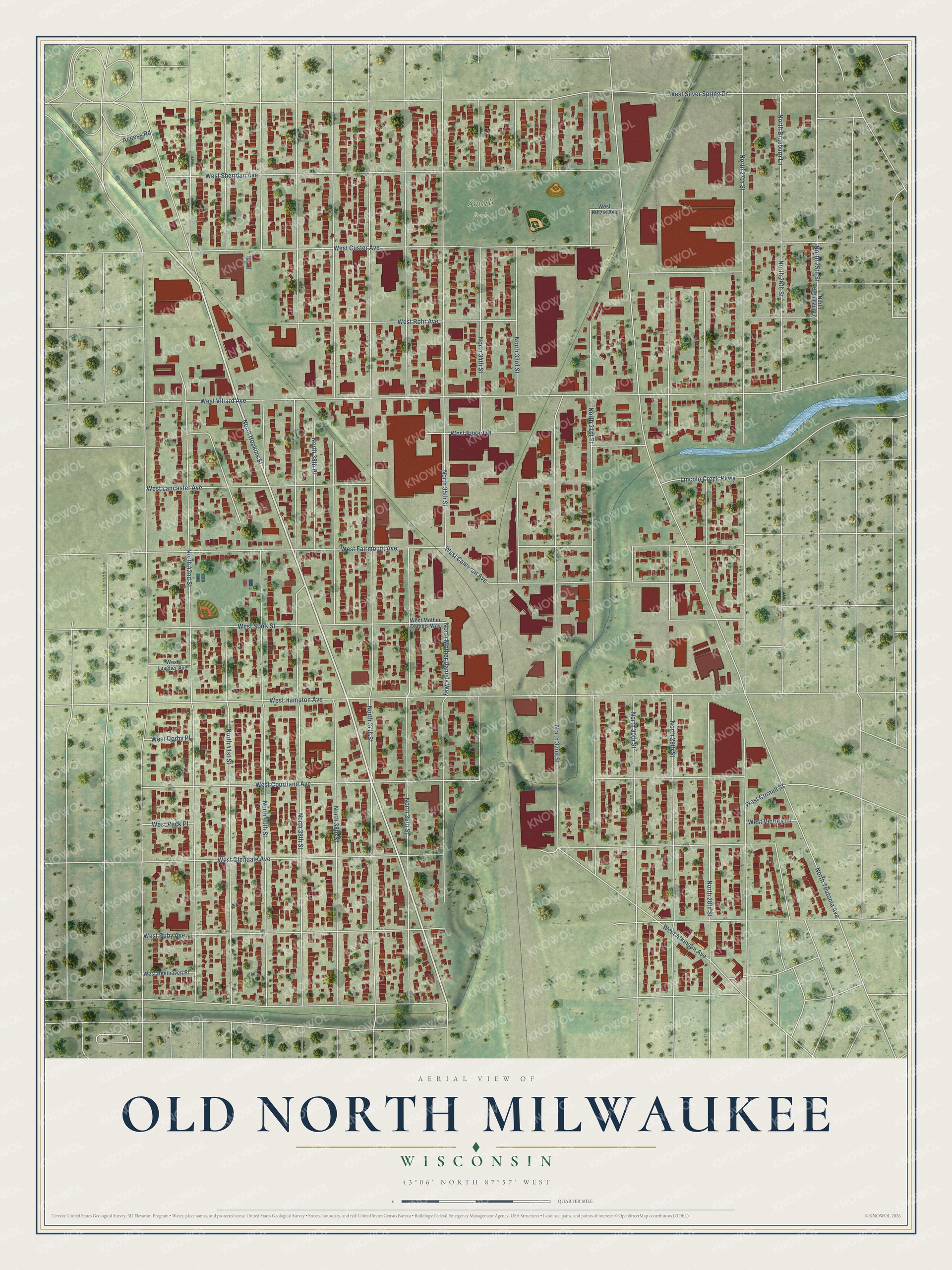 Full map of Old North Milwaukee, Wisconsin, with red buildings, printed street names and the land around them