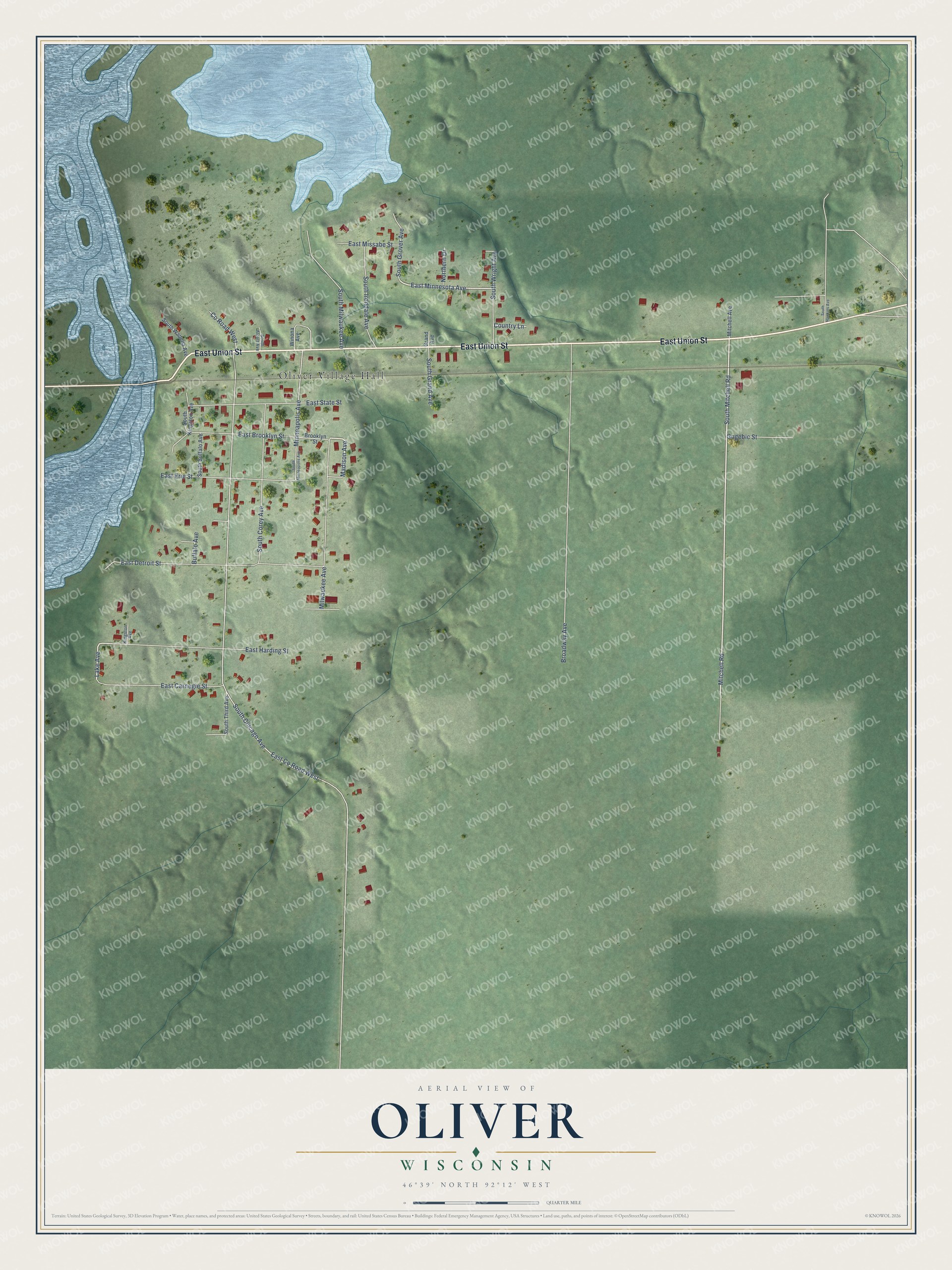 Full map of Oliver, Wisconsin, with red buildings, printed street names and the land around them