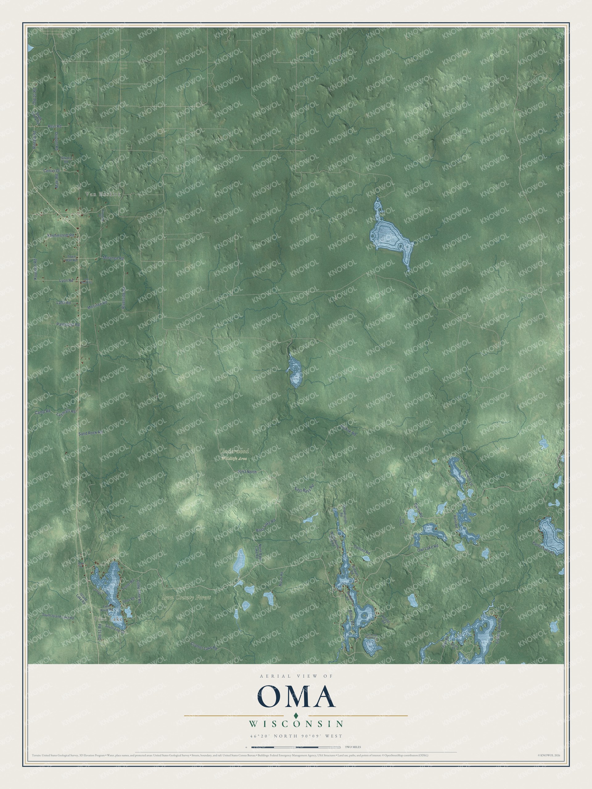Full map of Oma, Wisconsin, with red buildings, printed street names and the land around them