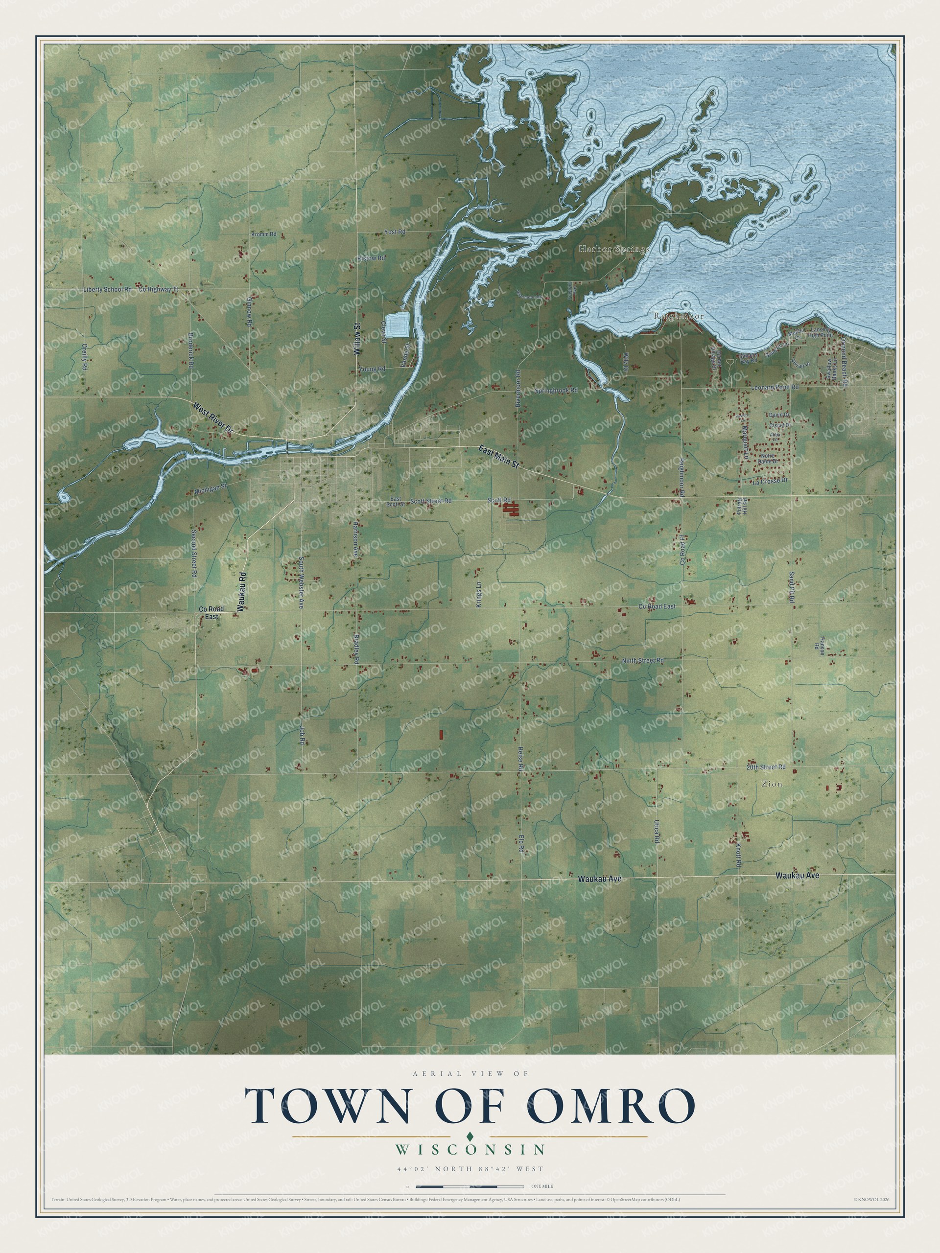 Full map of Omro, Wisconsin, with red buildings, printed street names and the land around them