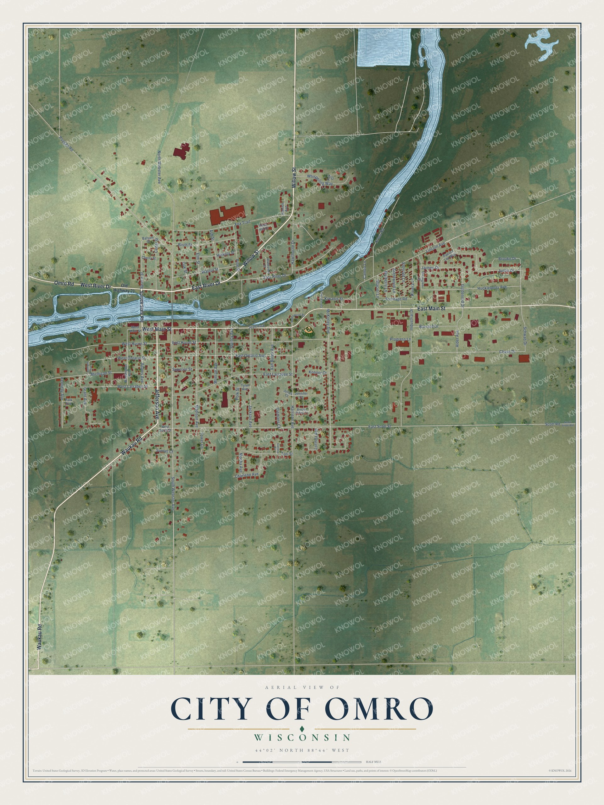 Full map of Omro, Wisconsin, with red buildings, printed street names and the land around them