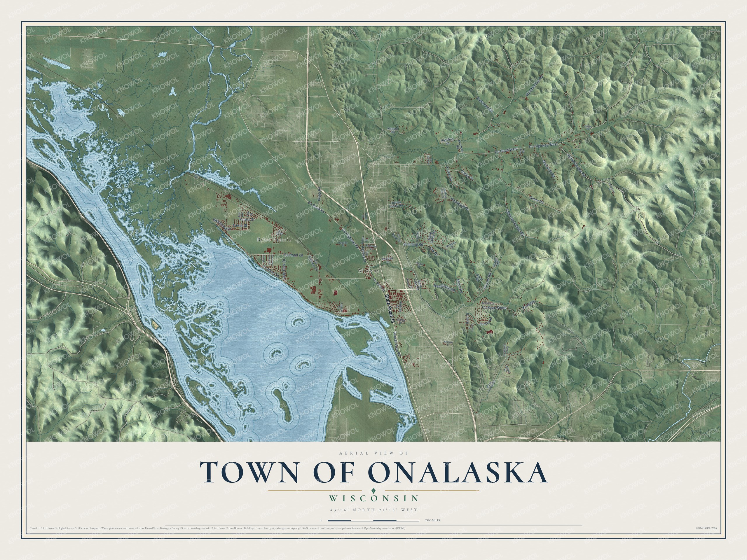 Full map of Onalaska, Wisconsin, with red buildings, printed street names and the land around them