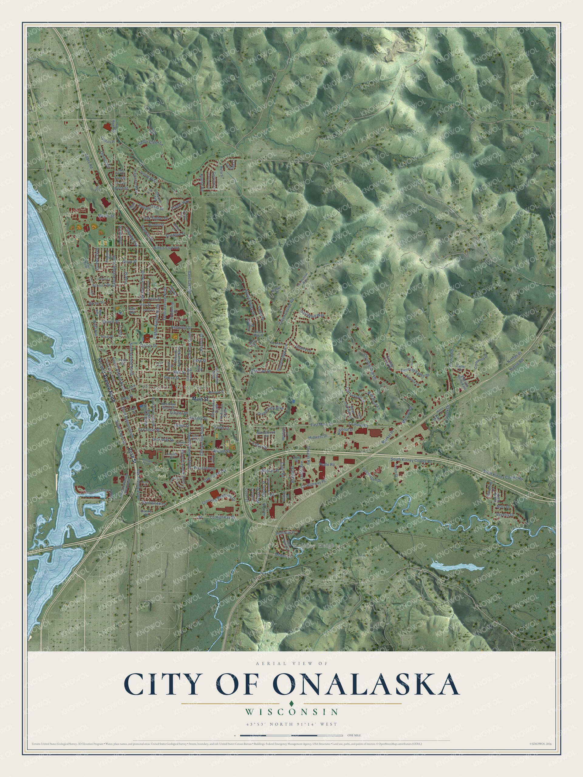 Full map of Onalaska, Wisconsin, with red buildings, printed street names and the land around them
