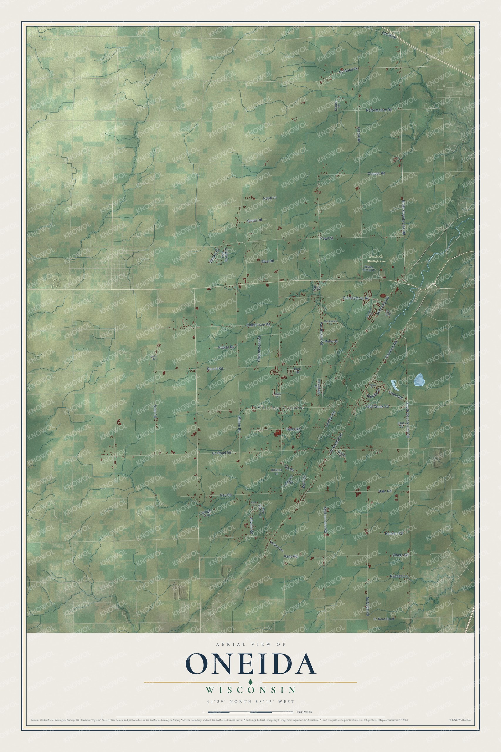 Full map of Oneida, Wisconsin, with red buildings, printed street names and the land around them