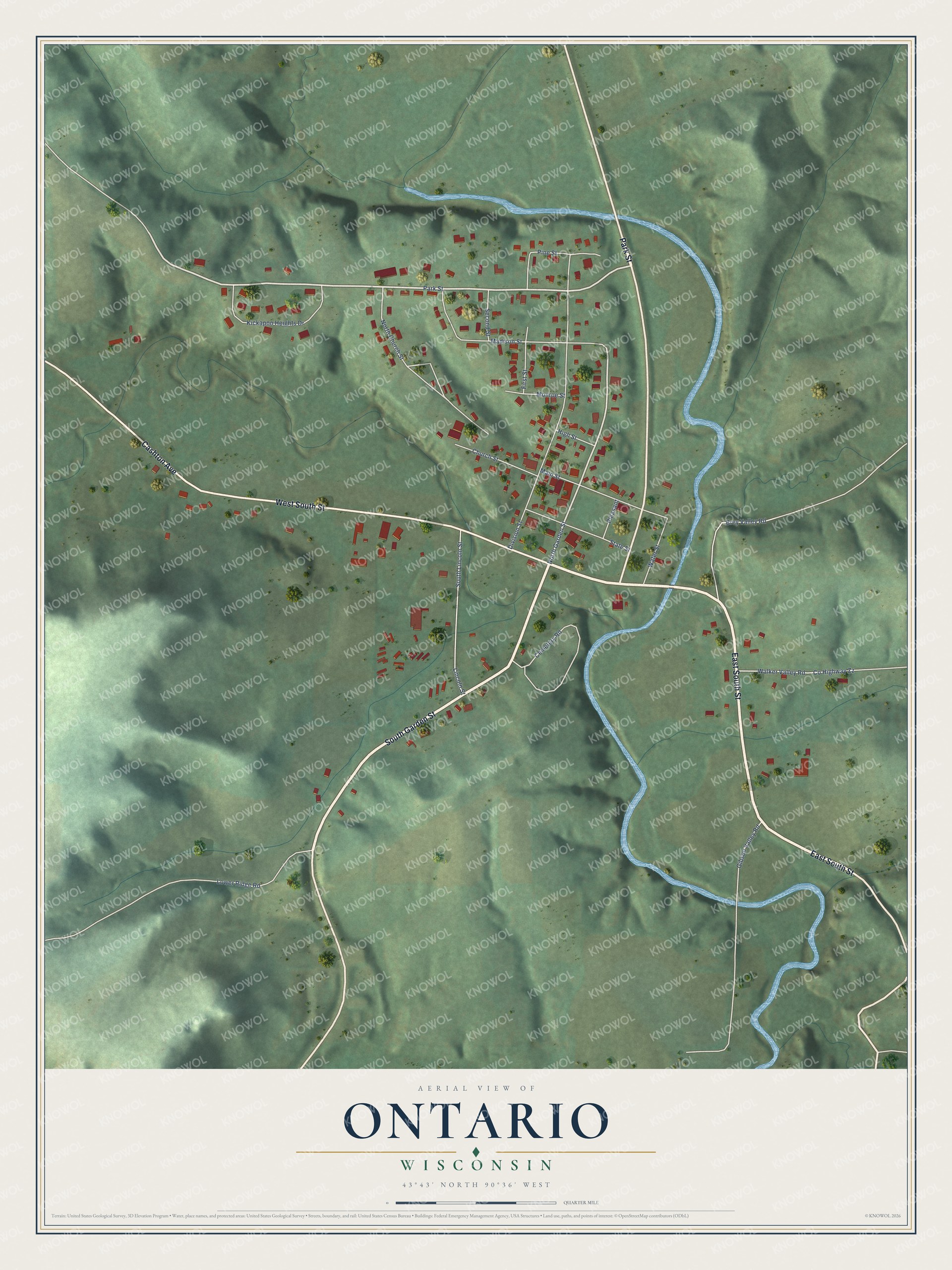 Full map of Ontario, Wisconsin, with red buildings, printed street names and the land around them