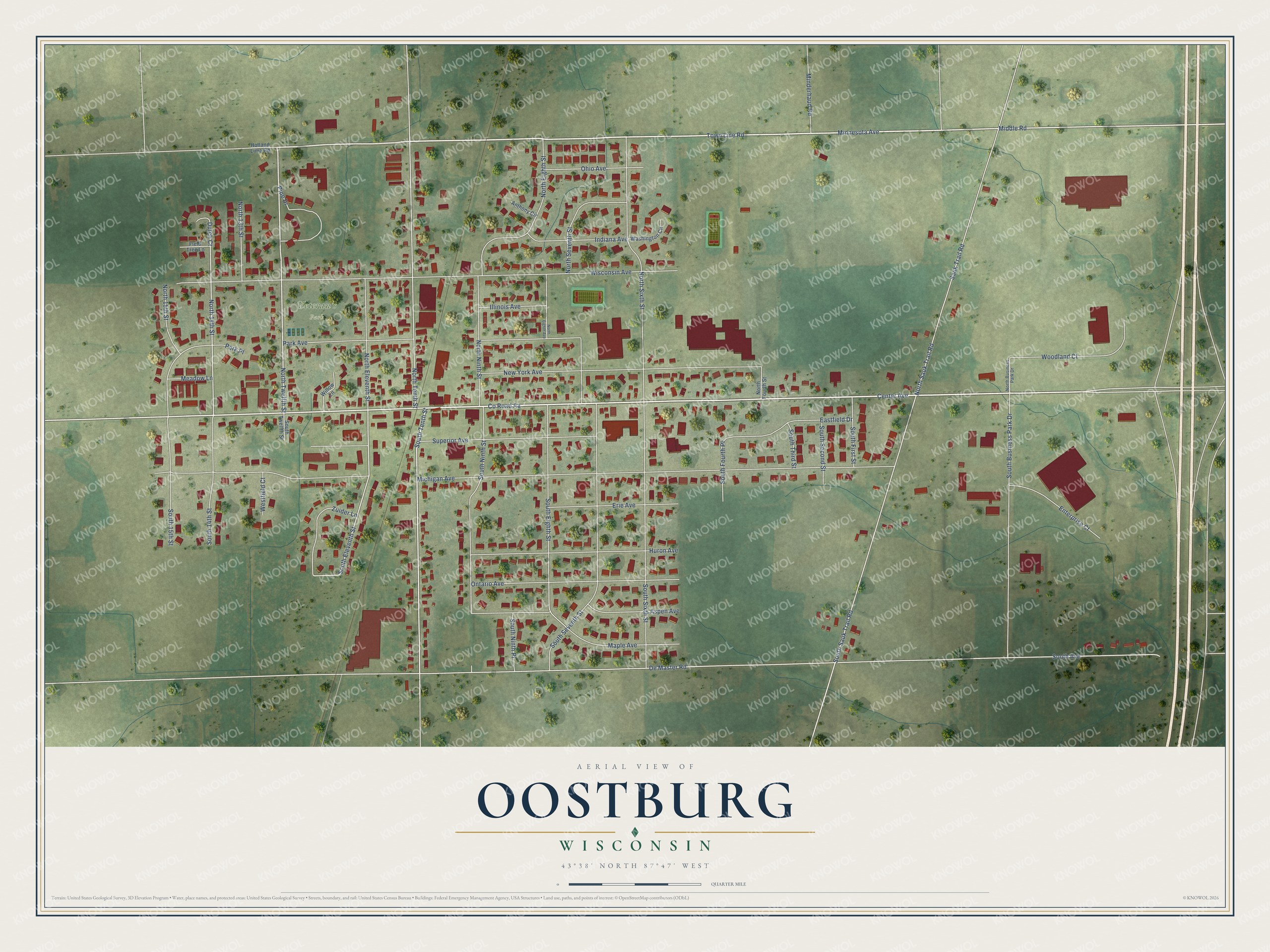 Full map of Oostburg, Wisconsin, with red buildings, printed street names and the land around them