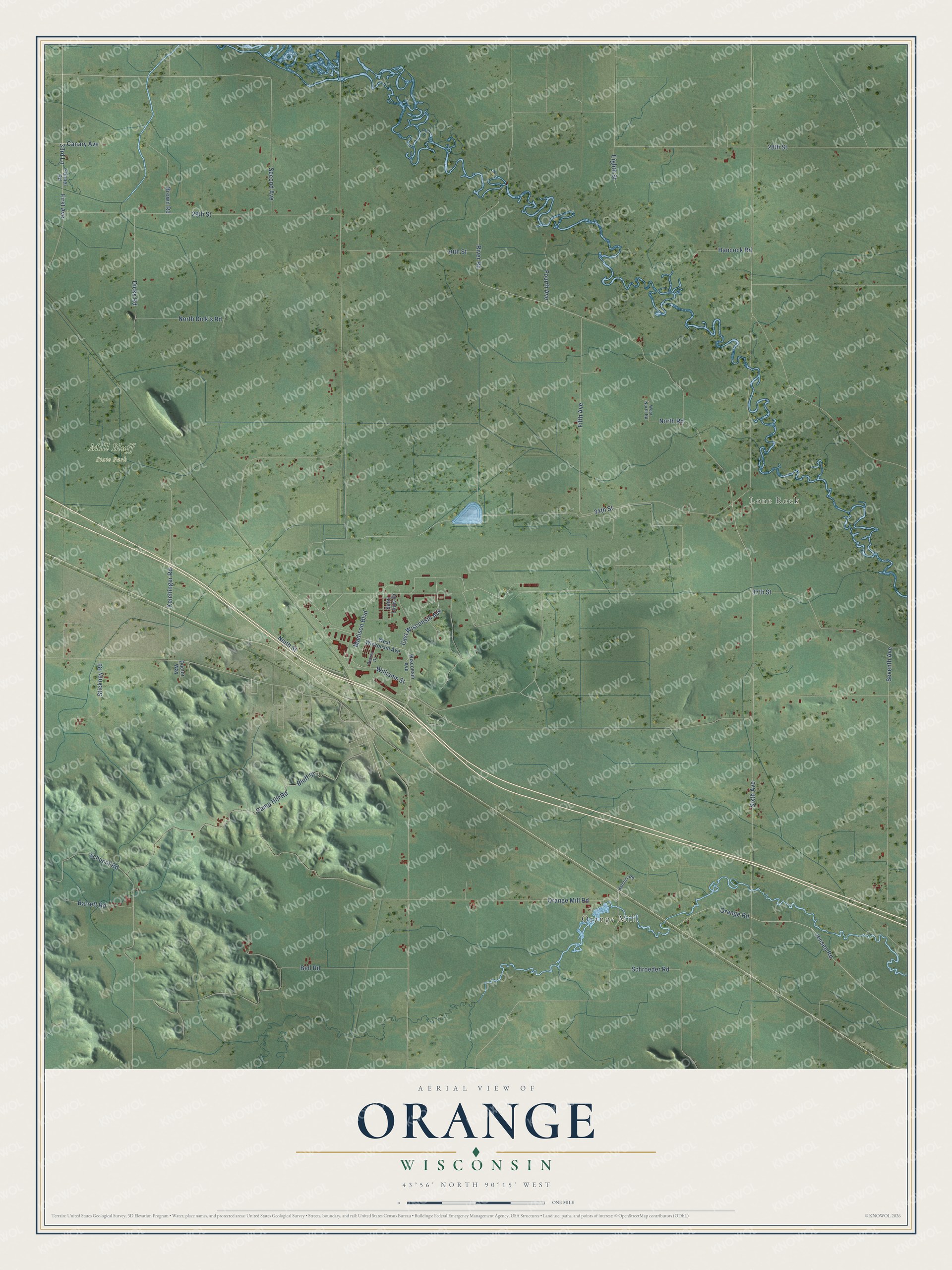 Full map of Orange, Wisconsin, with red buildings, printed street names and the land around them