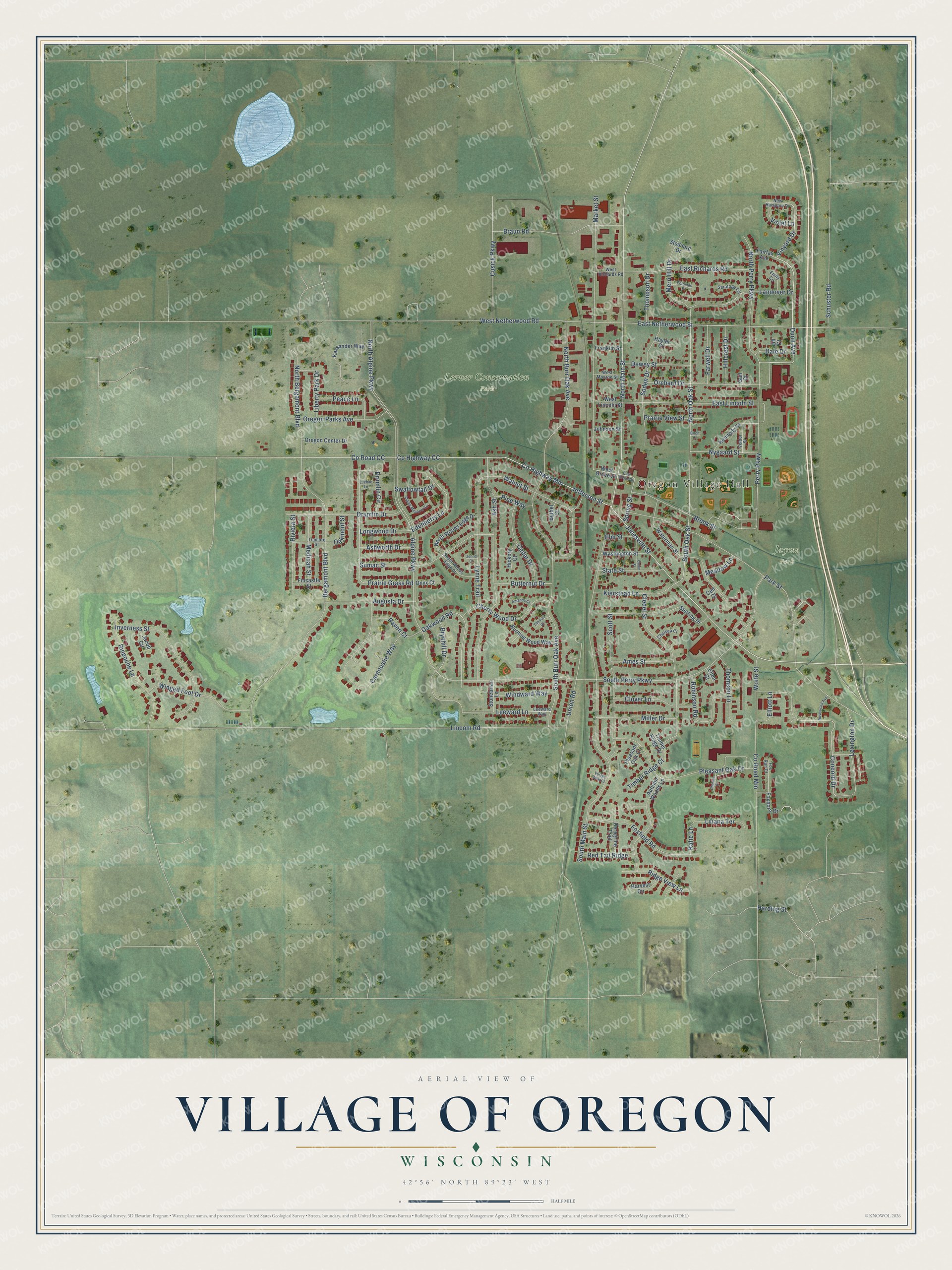 Full map of Oregon, Wisconsin, with red buildings, printed street names and the land around them