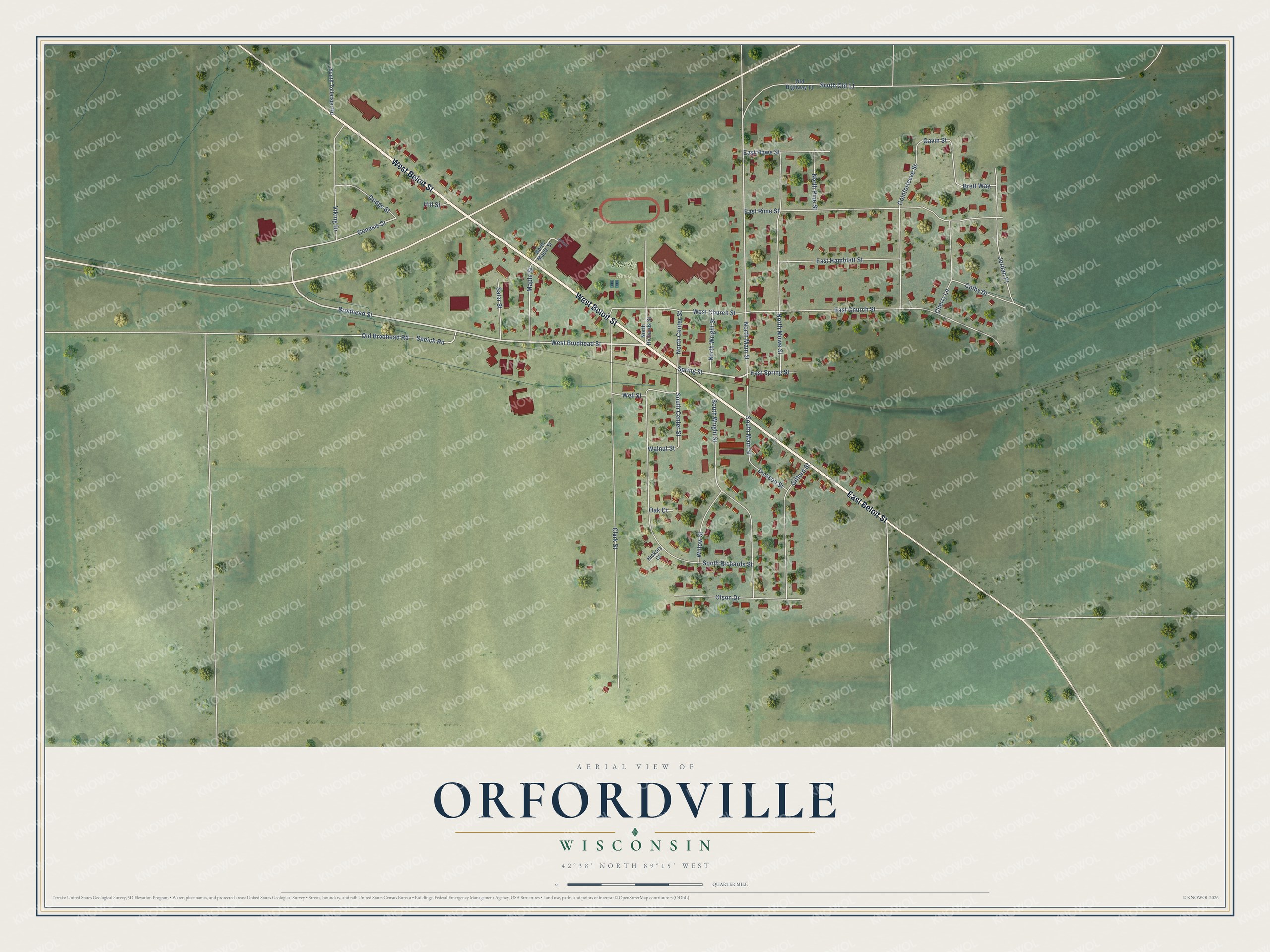 Full map of Orfordville, Wisconsin, with red buildings, printed street names and the land around them
