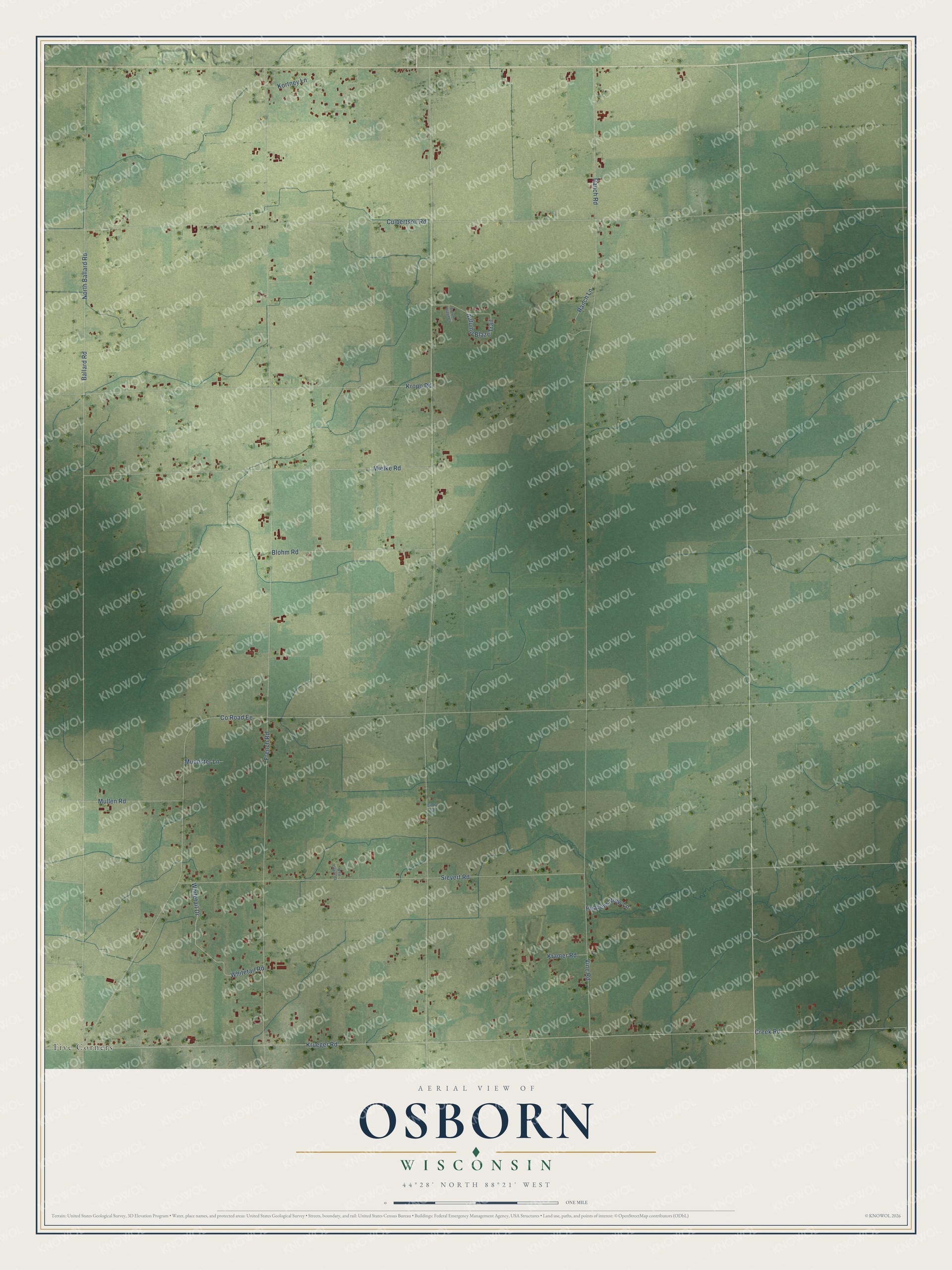 Full map of Osborn, Wisconsin, with red buildings, printed street names and the land around them