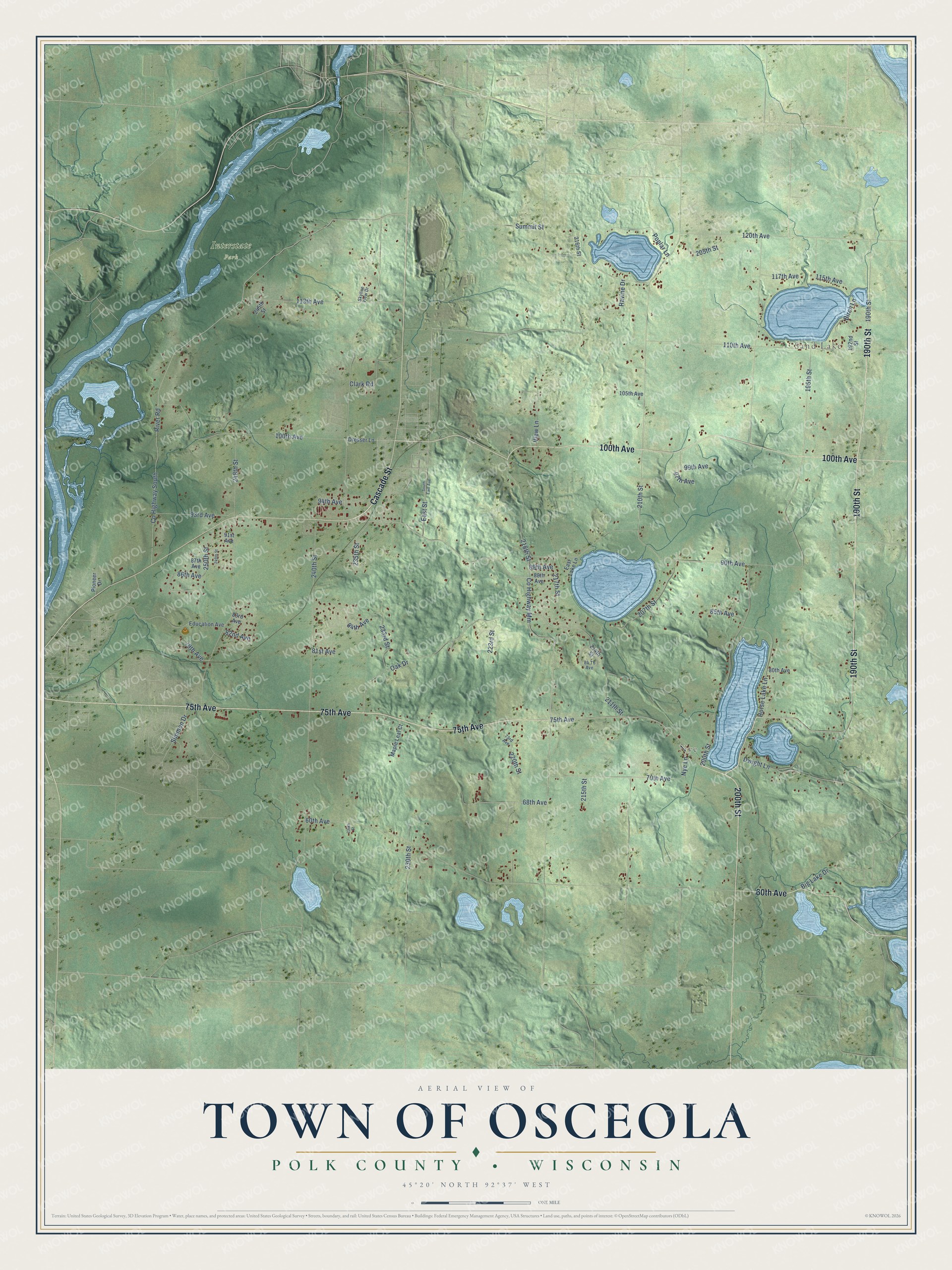 Full map of Osceola, Wisconsin, with red buildings, printed street names and the land around them