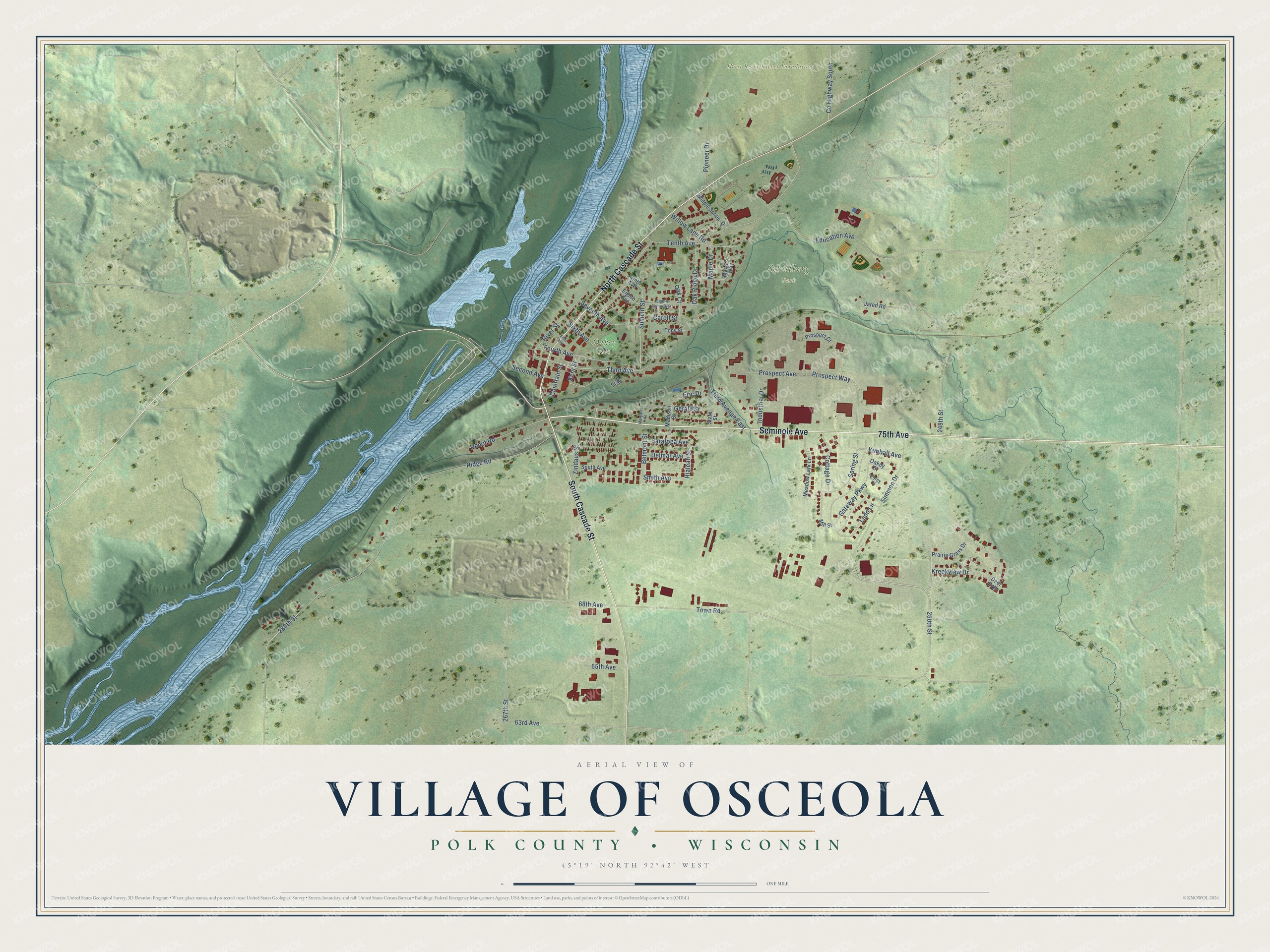 Full map of Osceola, Wisconsin, with red buildings, printed street names and the land around them