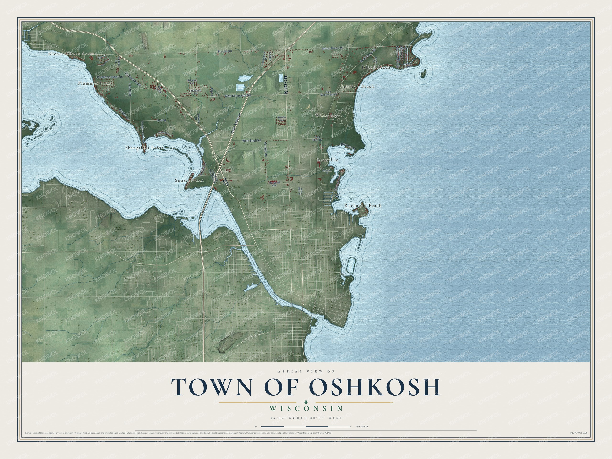 Full map of Oshkosh, Wisconsin, with red buildings, printed street names and the land around them