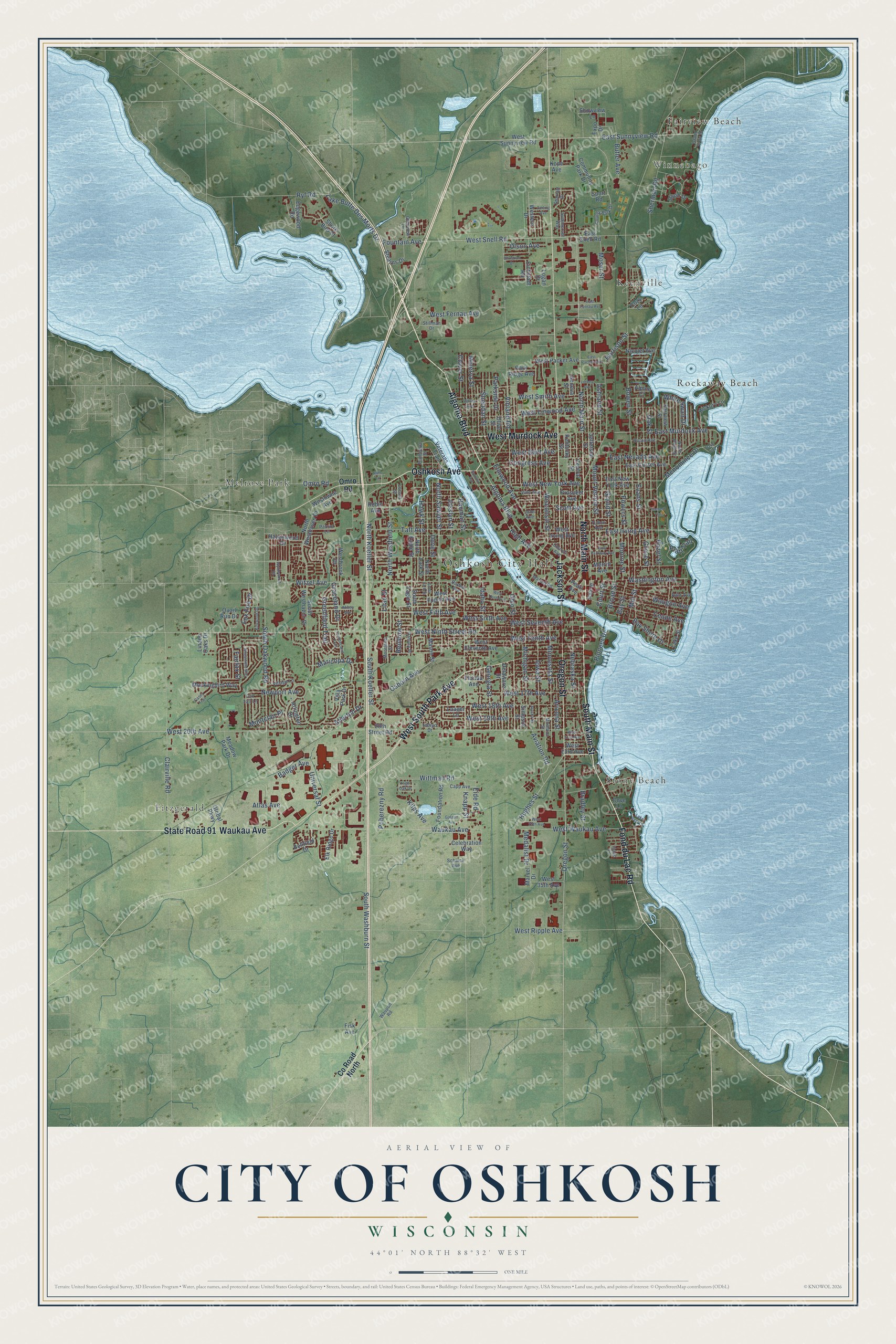 Full map of Oshkosh, Wisconsin, with red buildings, printed street names and the land around them