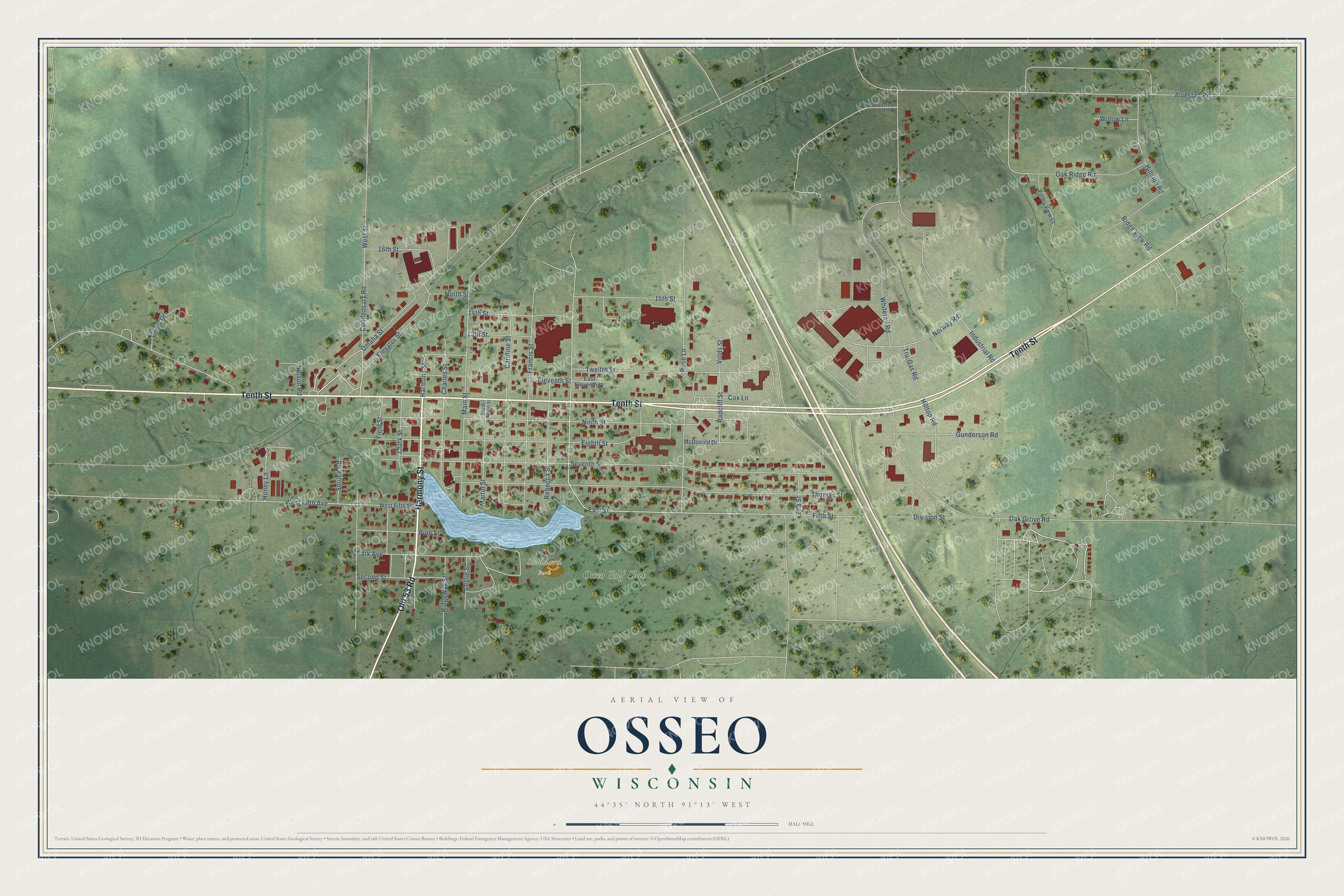 Full map of Osseo, Wisconsin, with red buildings, printed street names and the land around them