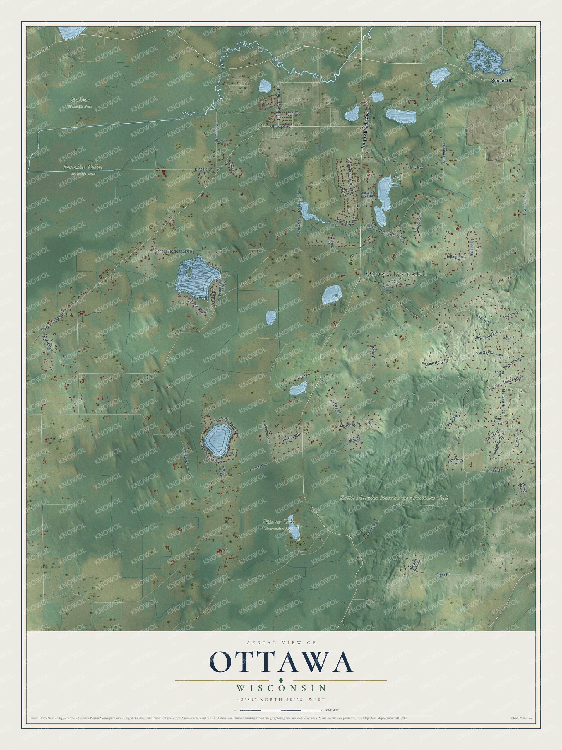 Full map of Ottawa, Wisconsin, with red buildings, printed street names and the land around them