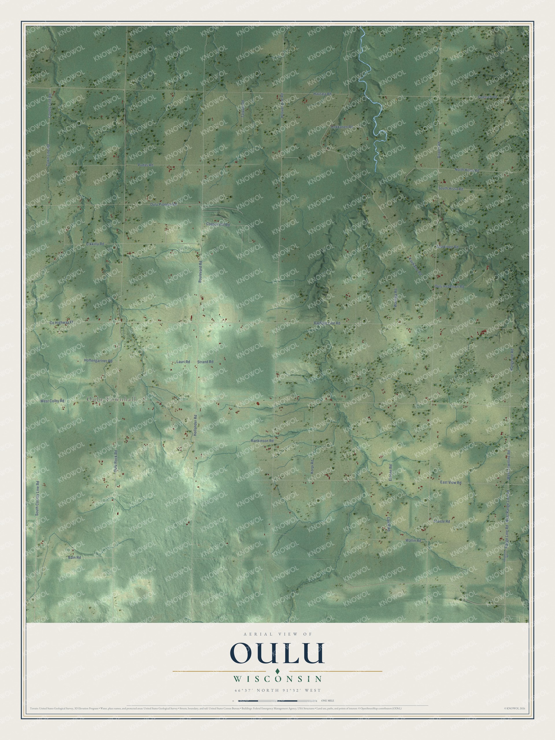 Full map of Oulu, Wisconsin, with red buildings, printed street names and the land around them