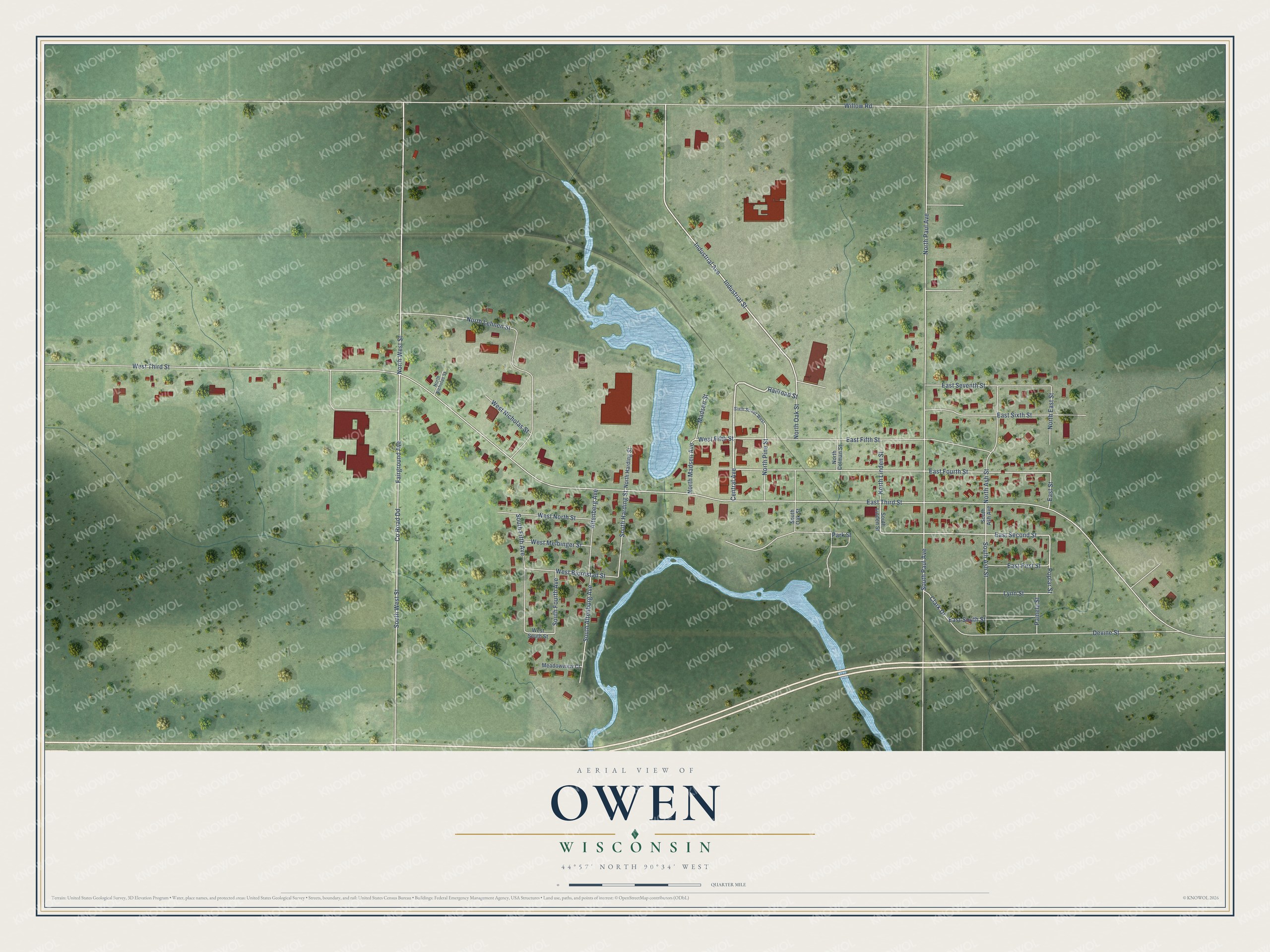 Full map of Owen, Wisconsin, with red buildings, printed street names and the land around them