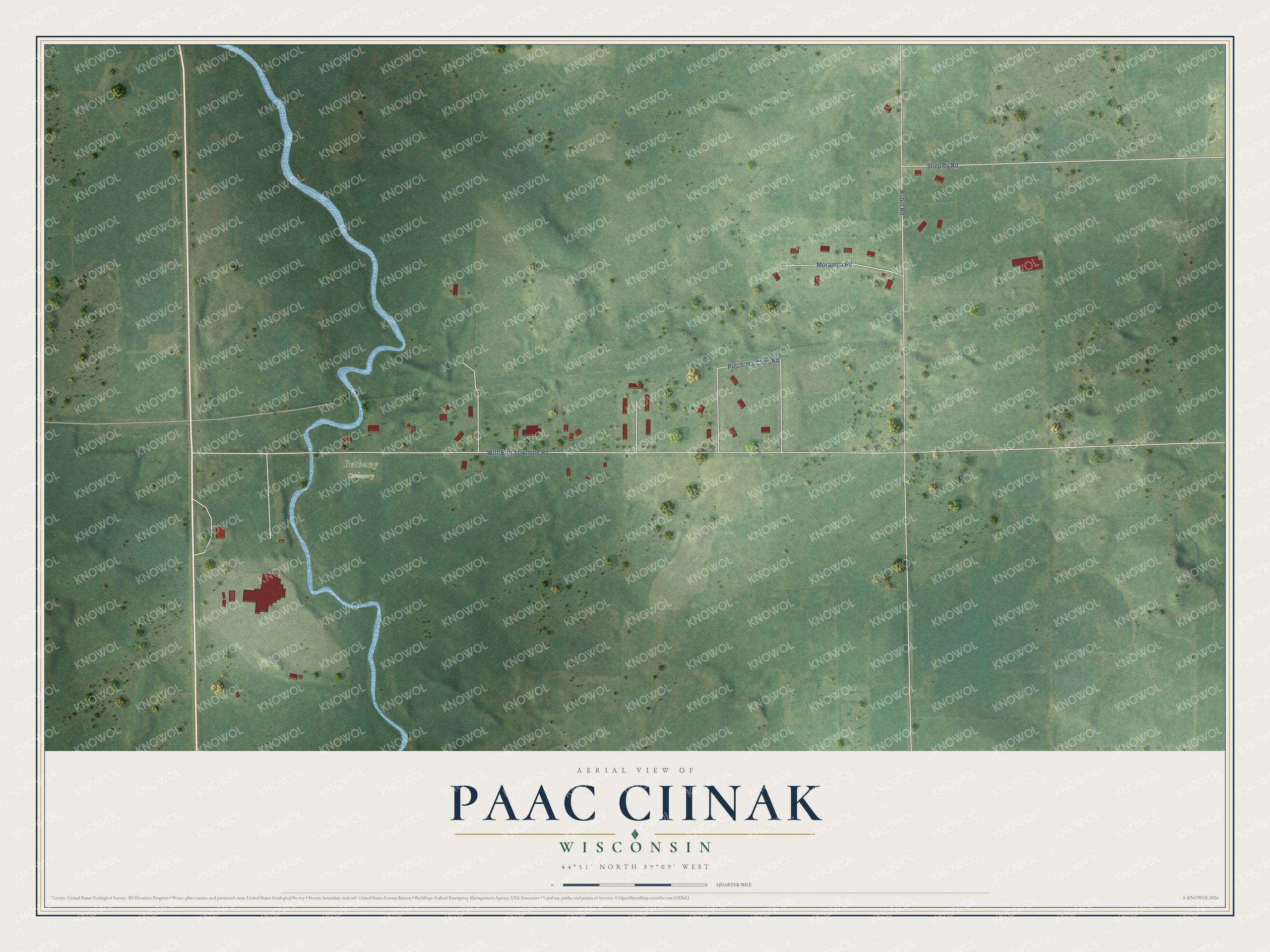 Full map of Paac Ciinak, Wisconsin, with red buildings, printed street names and the land around them