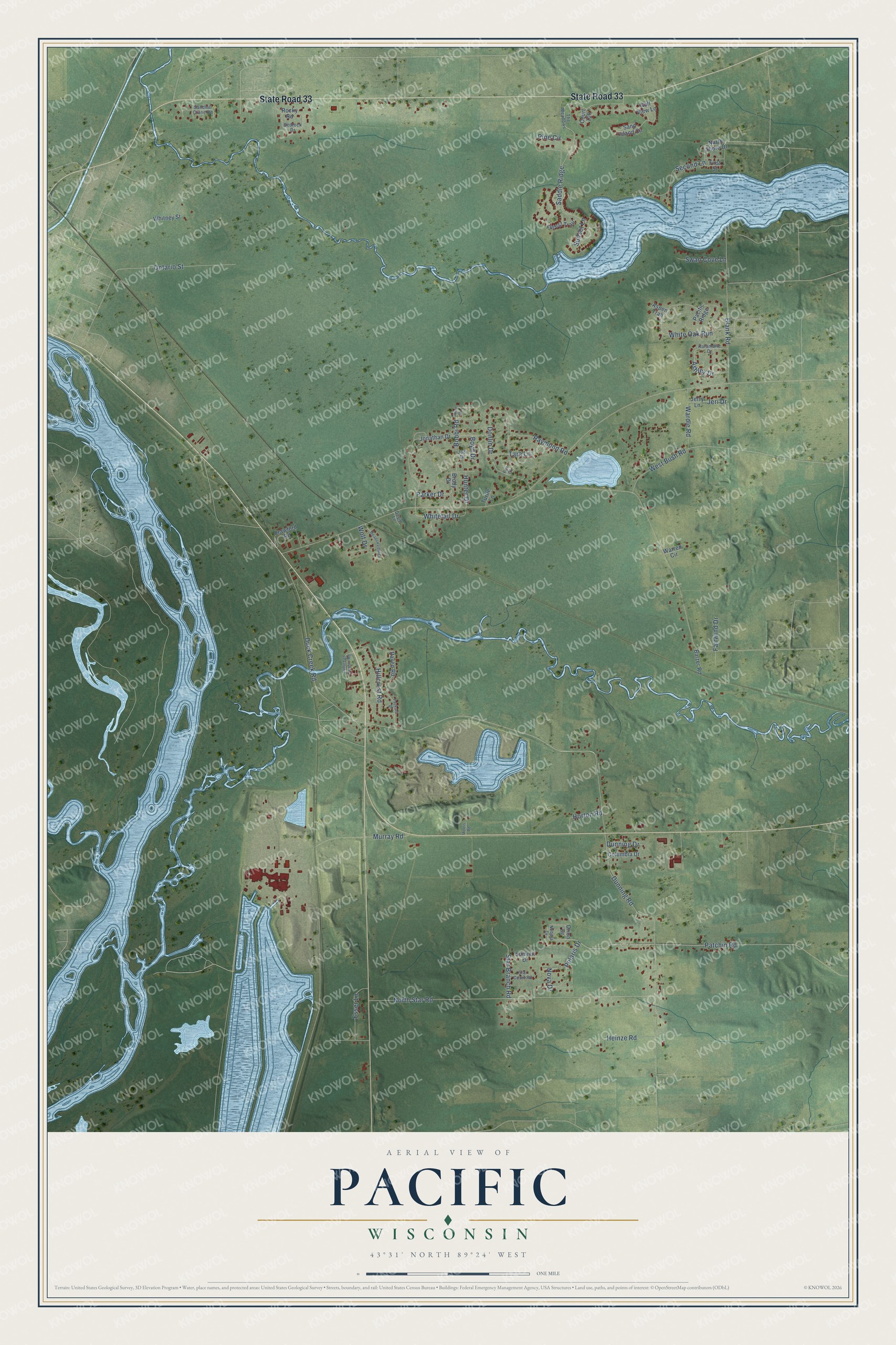 Full map of Pacific, Wisconsin, with red buildings, printed street names and the land around them