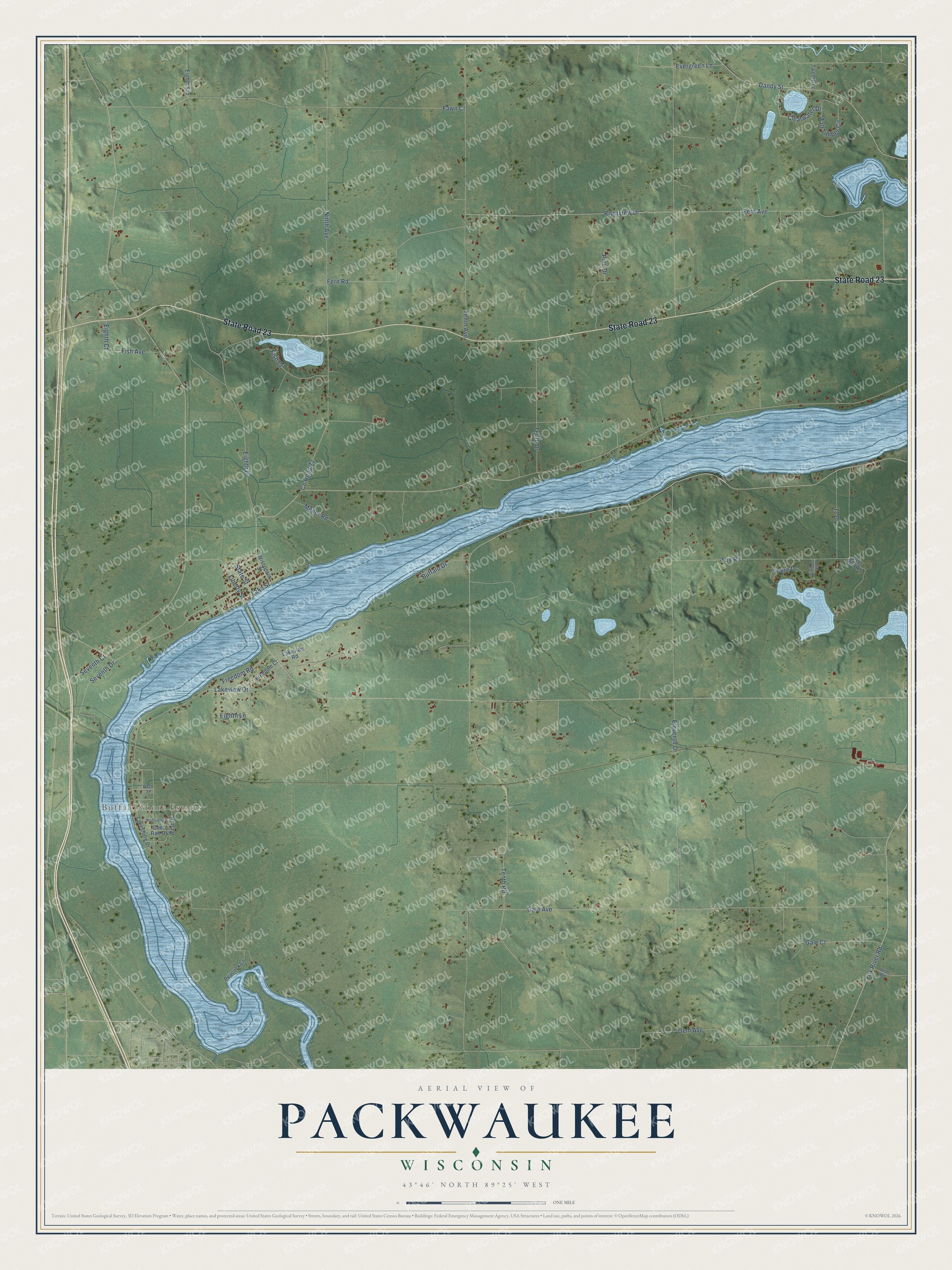 Full map of Packwaukee, Wisconsin, with red buildings, printed street names and the land around them
