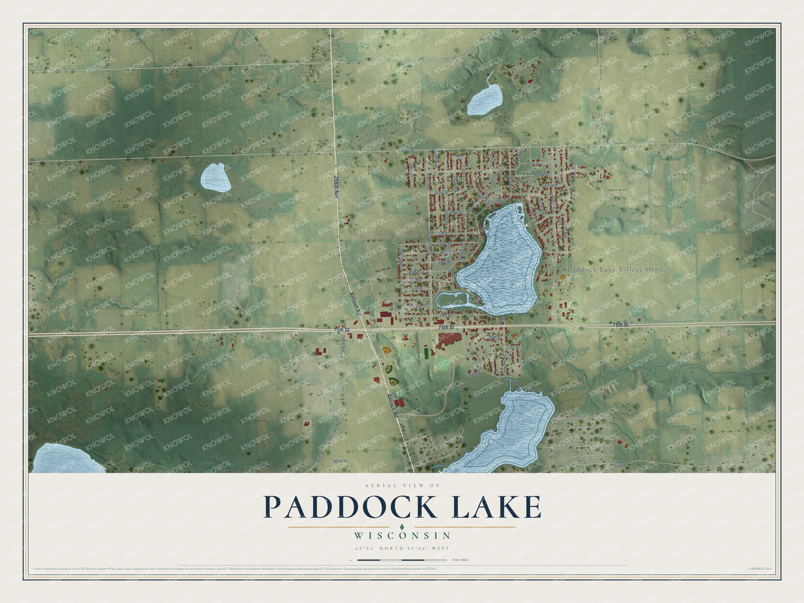 Full map of Paddock Lake, Wisconsin, with red buildings, printed street names and the land around them