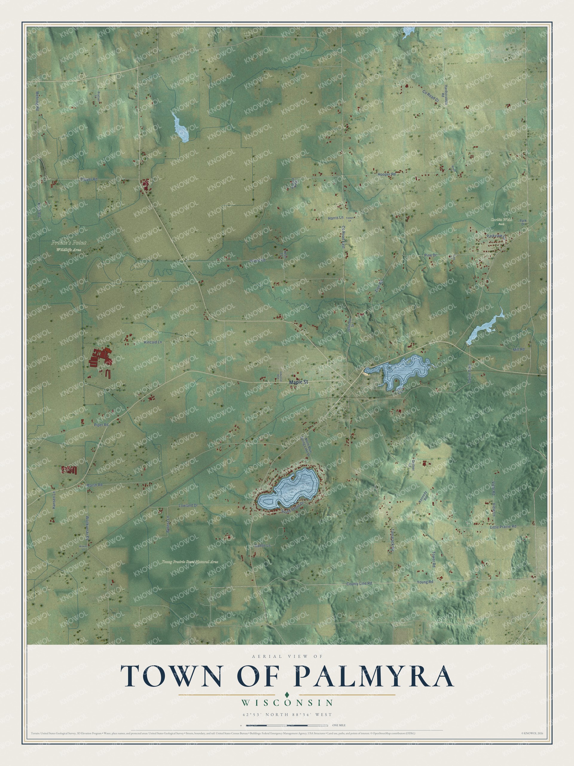 Full map of Palmyra, Wisconsin, with red buildings, printed street names and the land around them