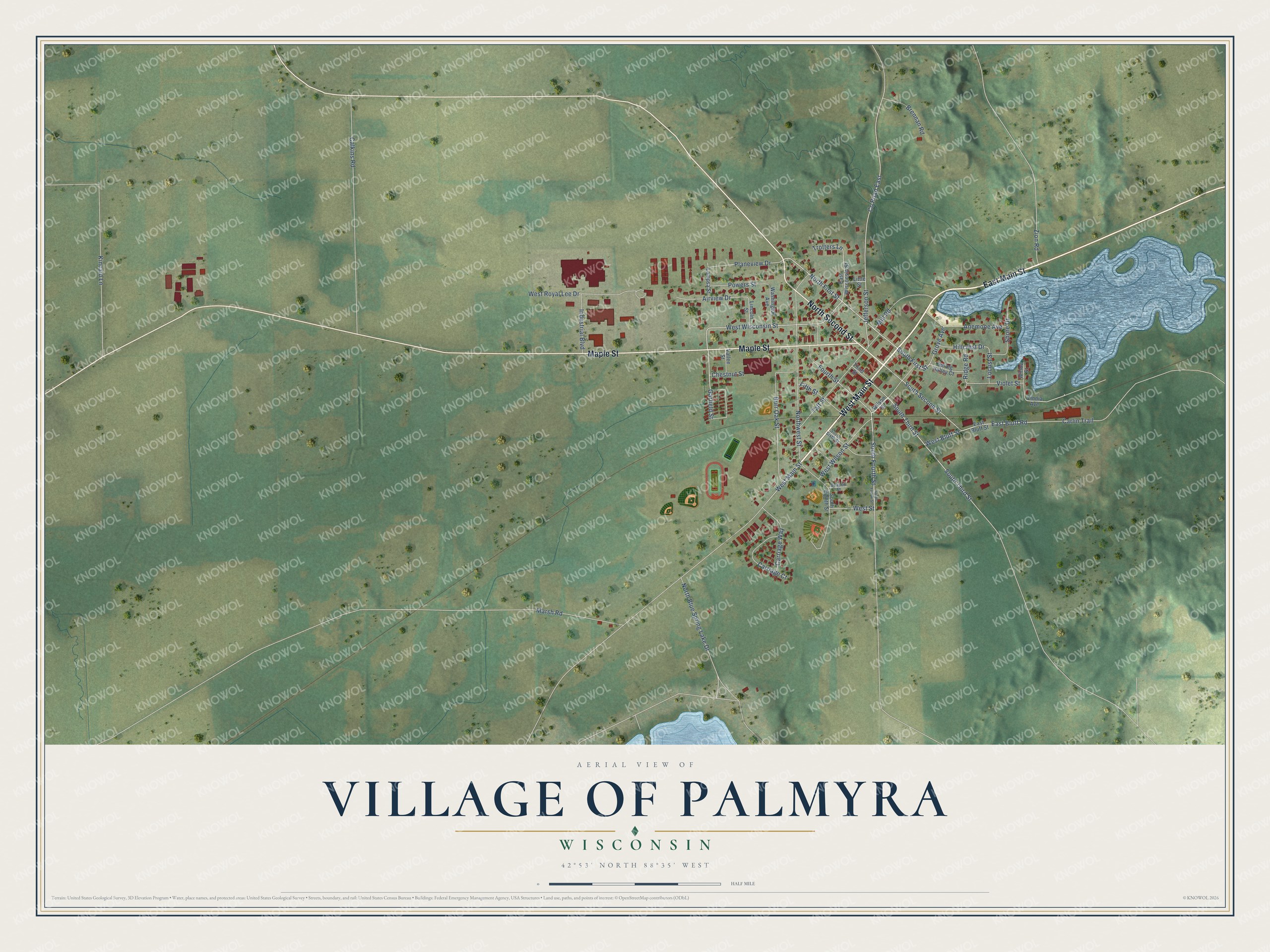 Full map of Palmyra, Wisconsin, with red buildings, printed street names and the land around them