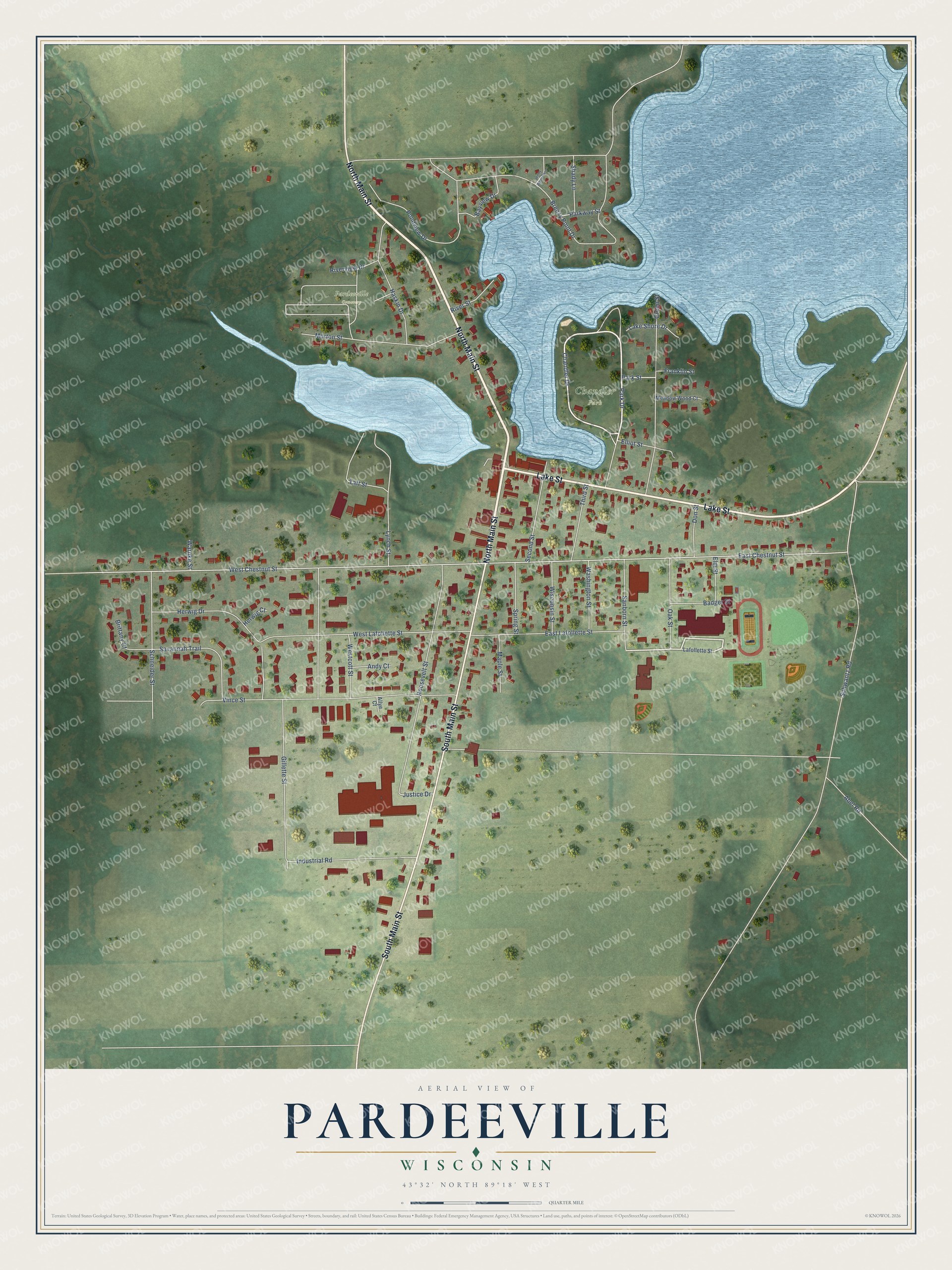 Full map of Pardeeville, Wisconsin, with red buildings, printed street names and the land around them