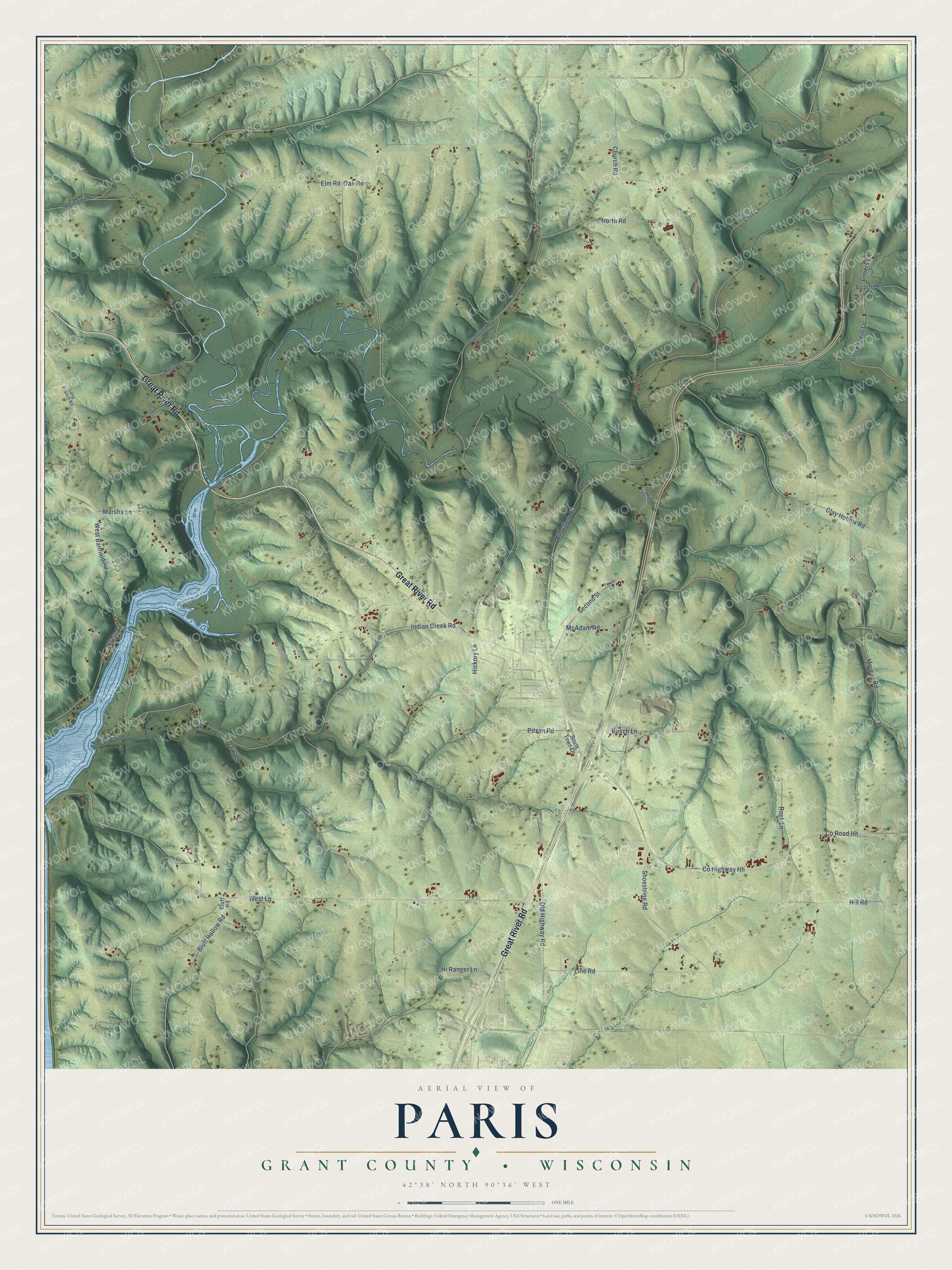 Full map of Paris, Wisconsin, with red buildings, printed street names and the land around them