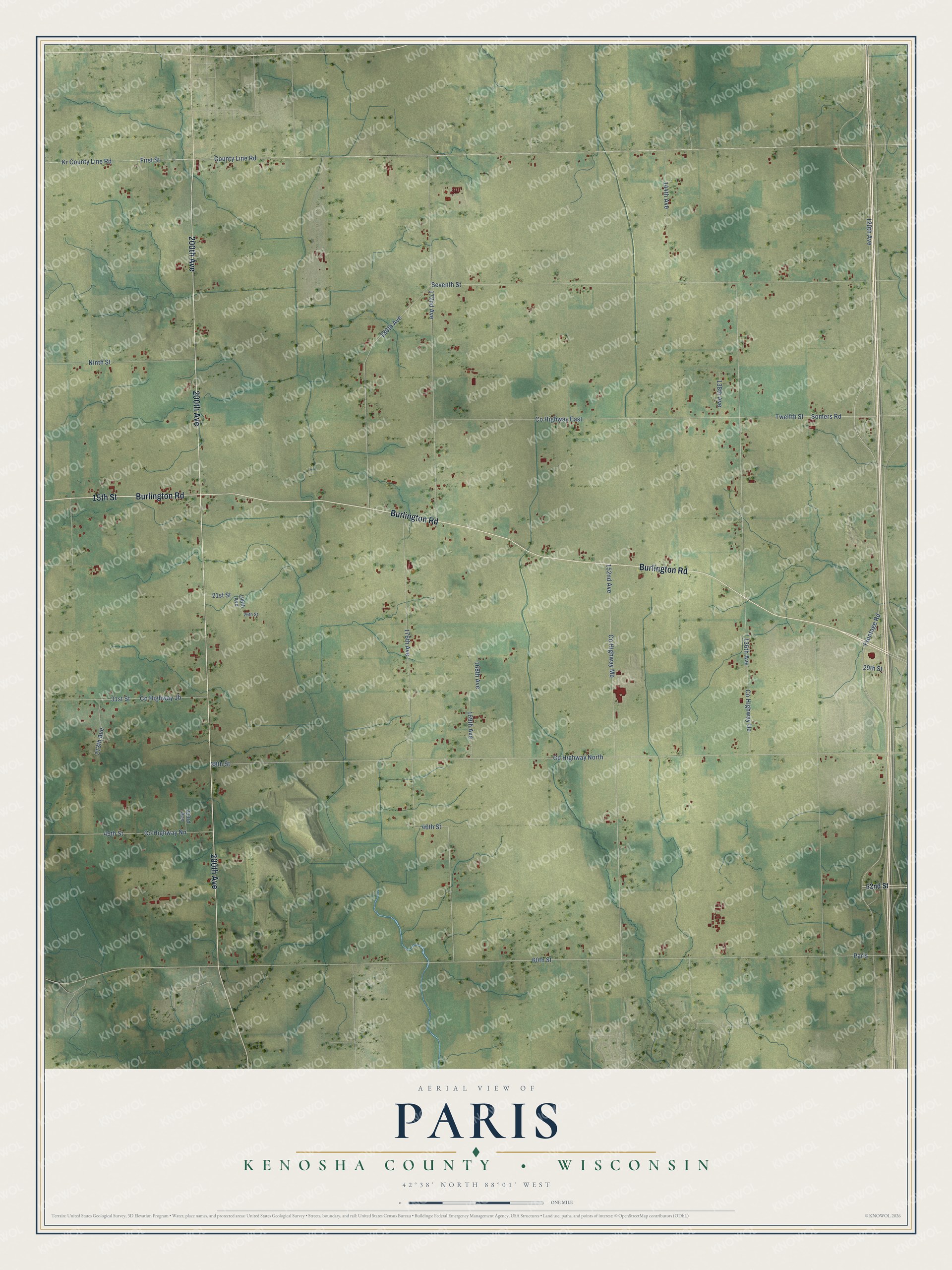 Full map of Paris, Wisconsin, with red buildings, printed street names and the land around them