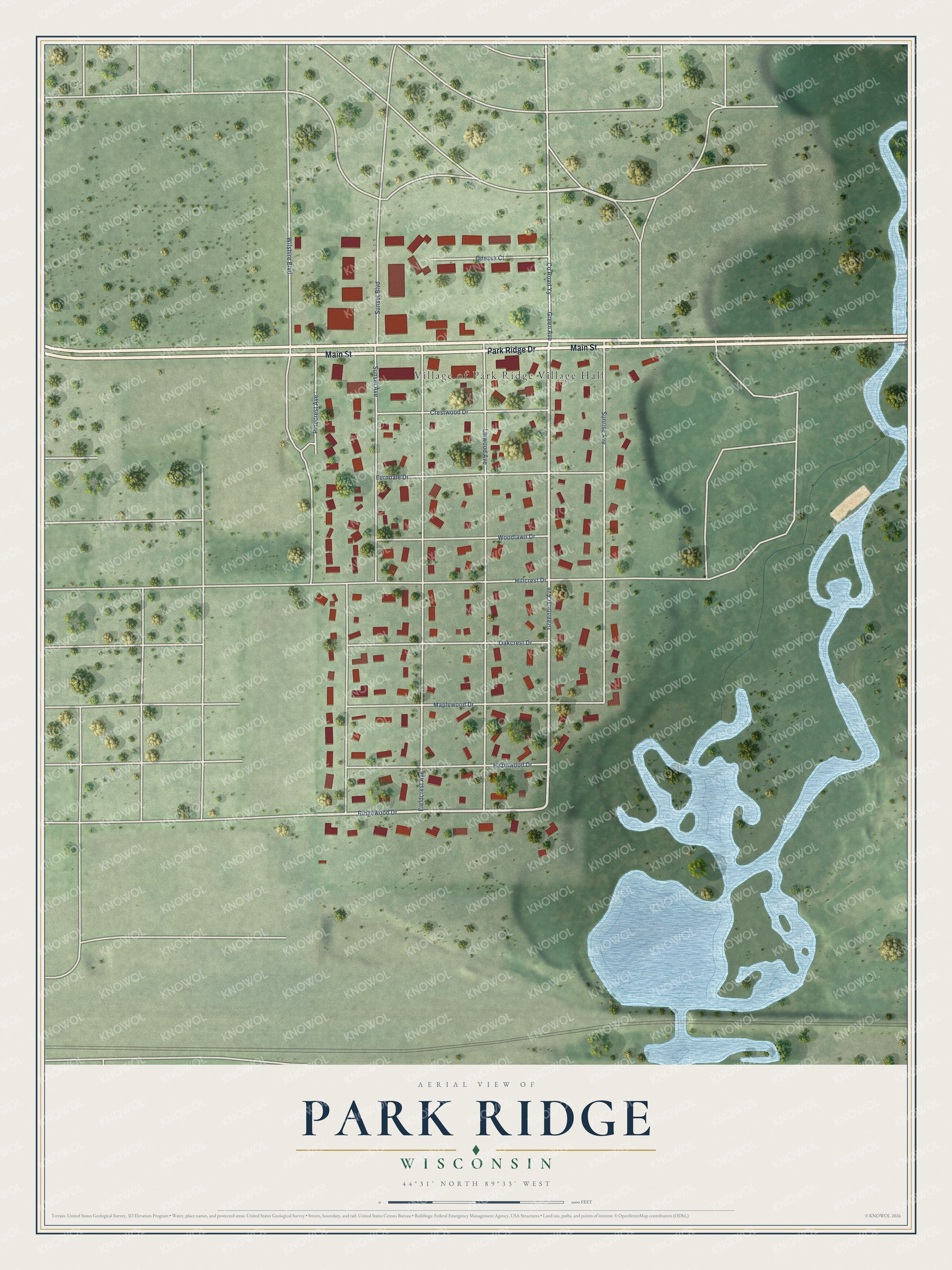 Full map of Park Ridge, Wisconsin, with red buildings, printed street names and the land around them