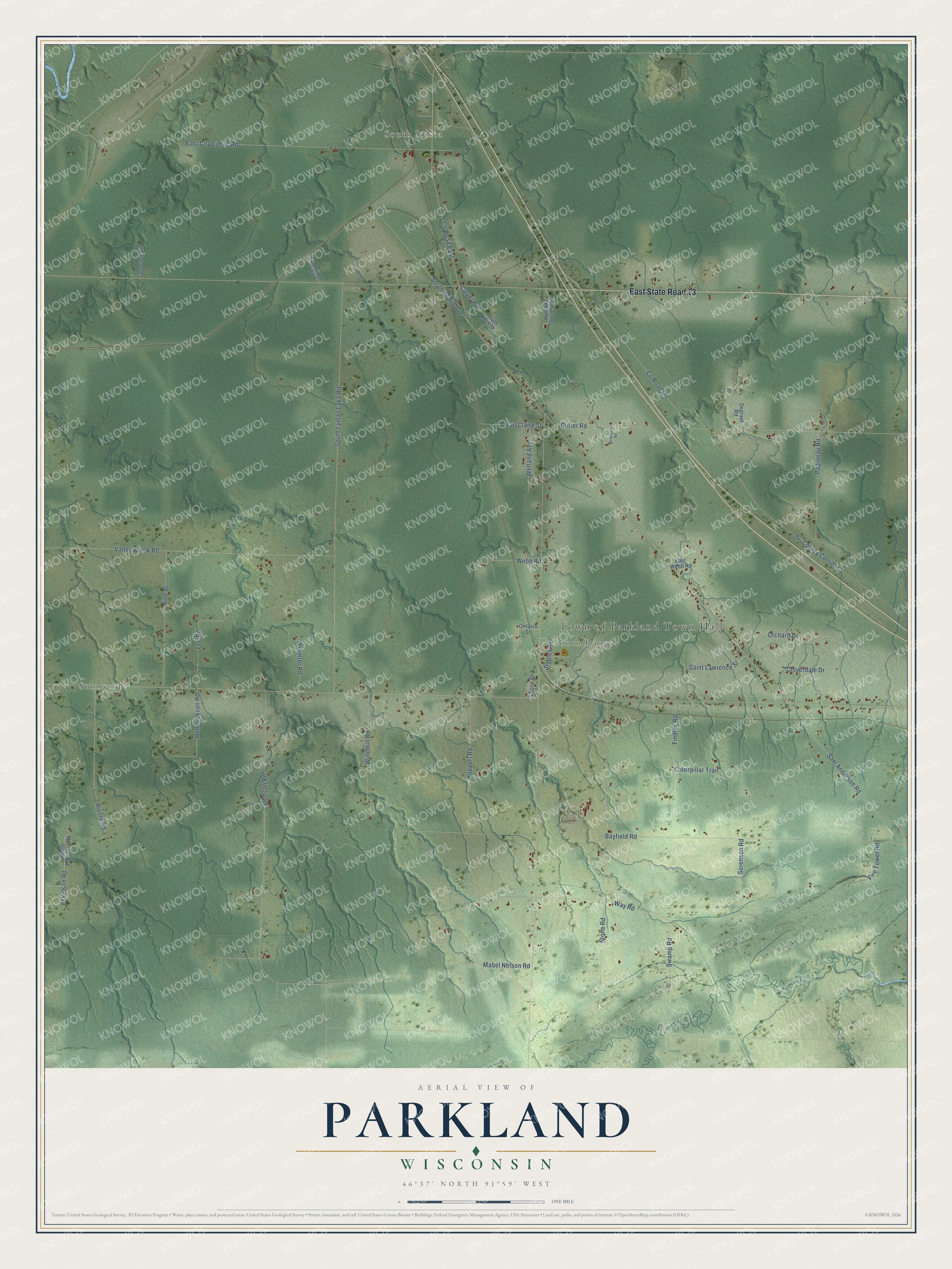 Full map of Parkland, Wisconsin, with red buildings, printed street names and the land around them