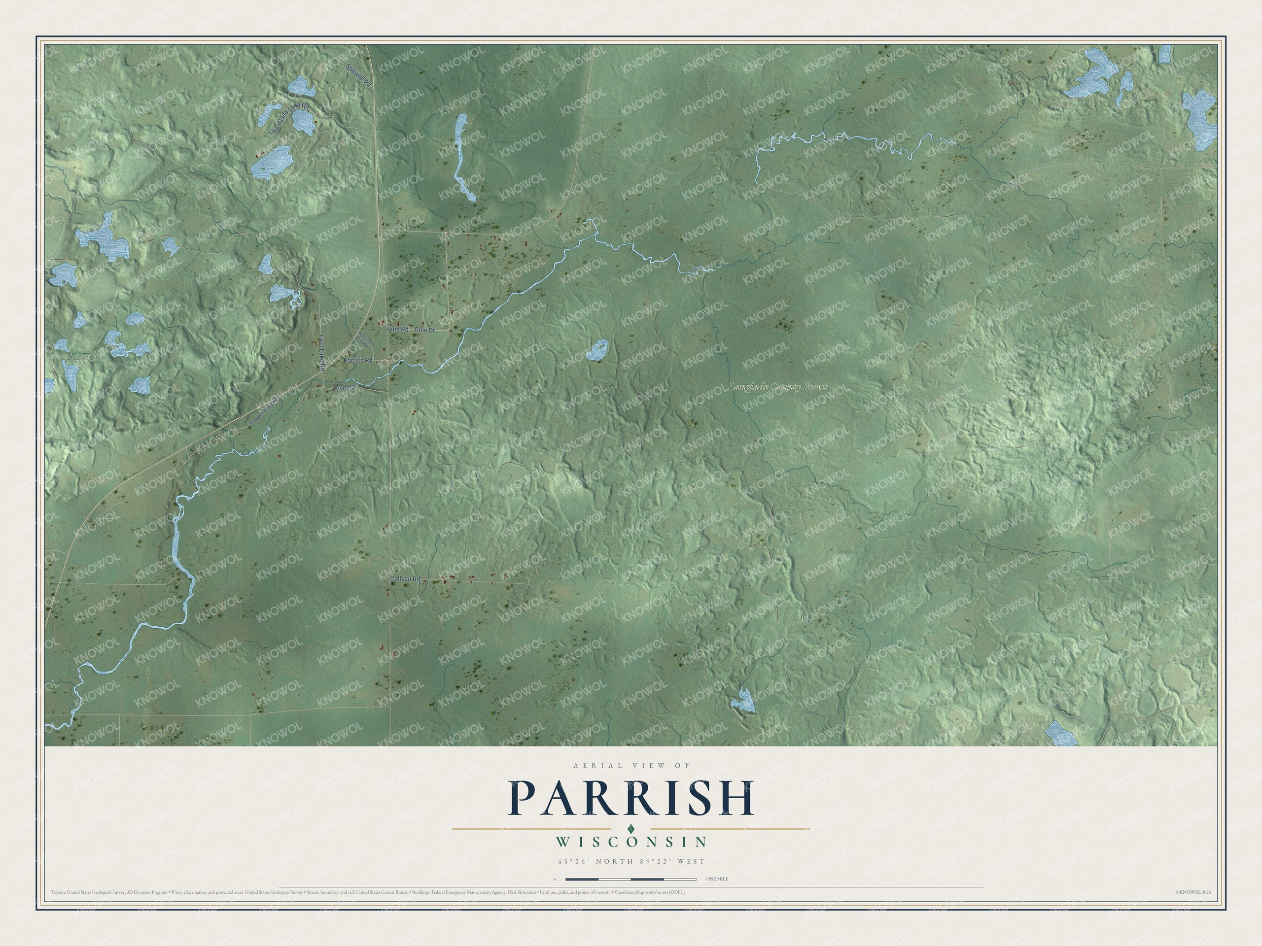 Full map of Parrish, Wisconsin, with red buildings, printed street names and the land around them