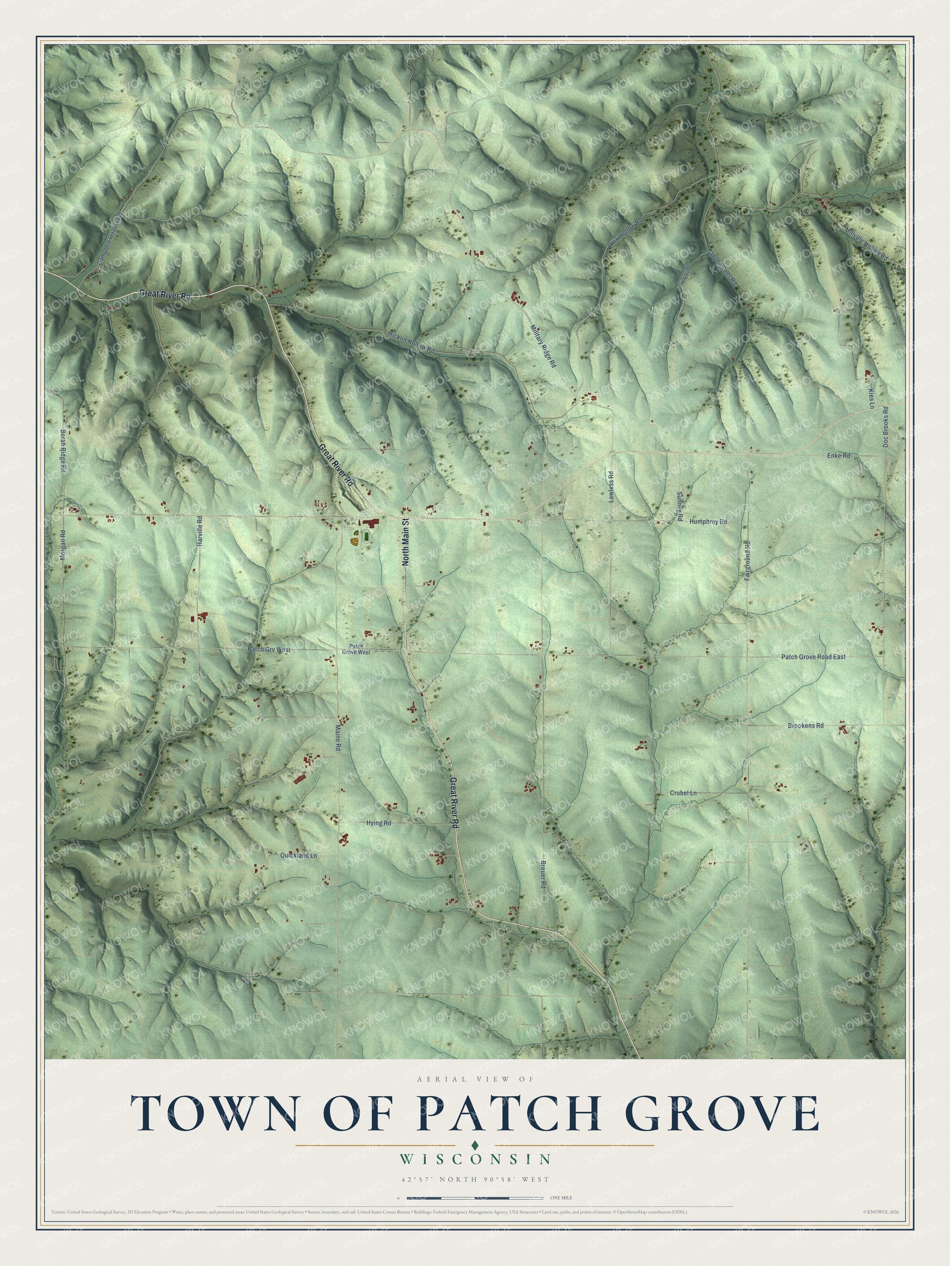 Full map of Patch Grove, Wisconsin, with red buildings, printed street names and the land around them