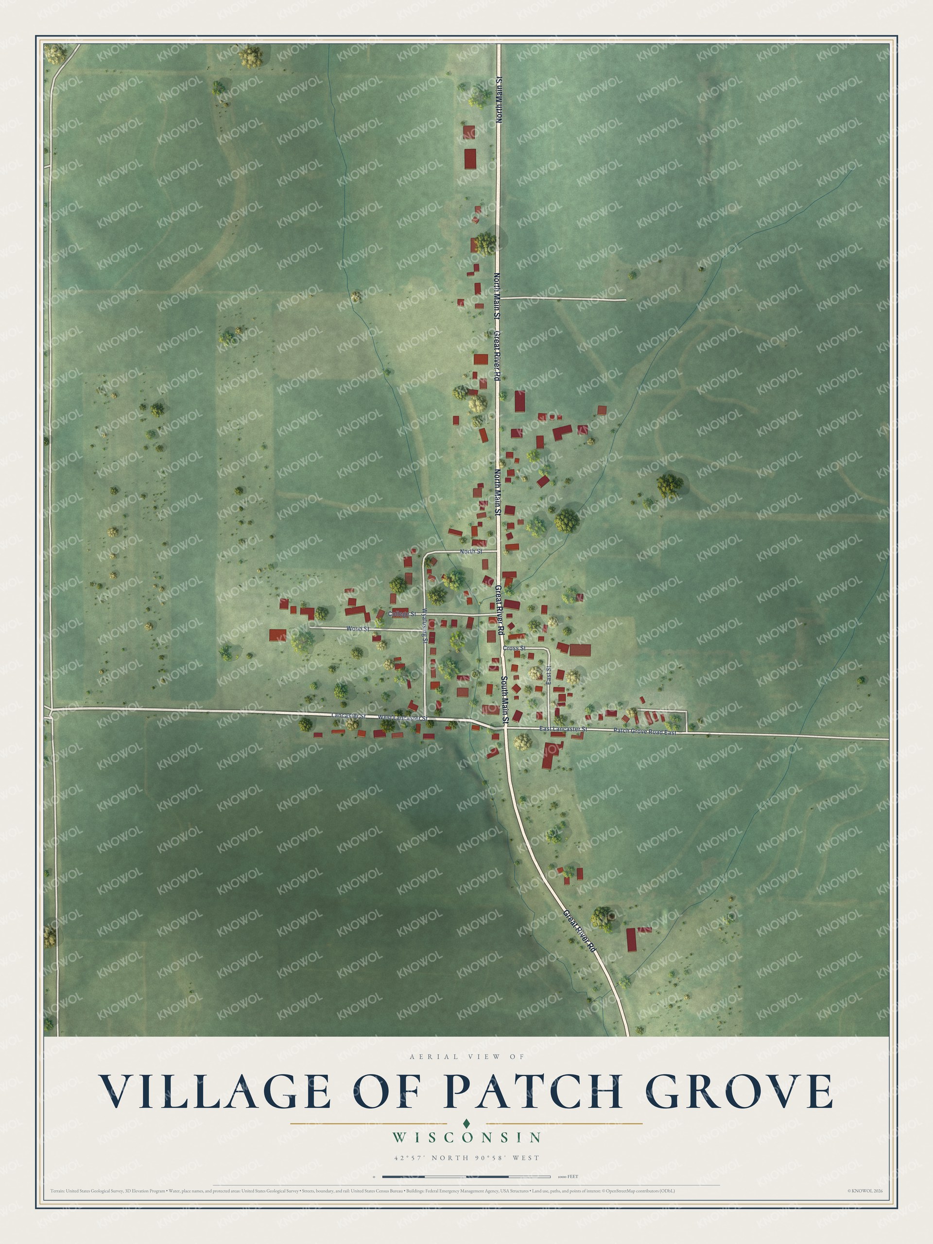Full map of Patch Grove, Wisconsin, with red buildings, printed street names and the land around them