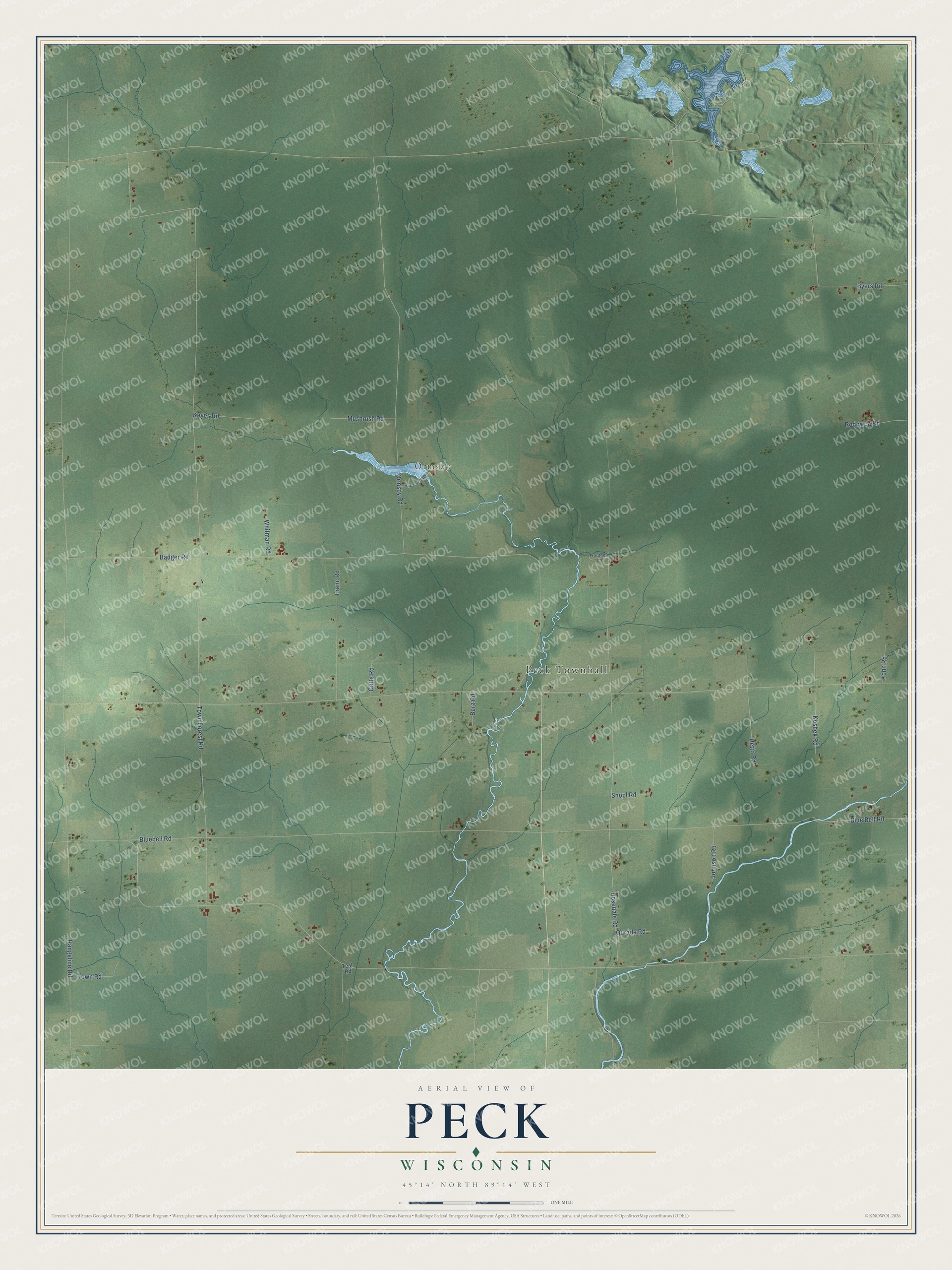 Full map of Peck, Wisconsin, with red buildings, printed street names and the land around them