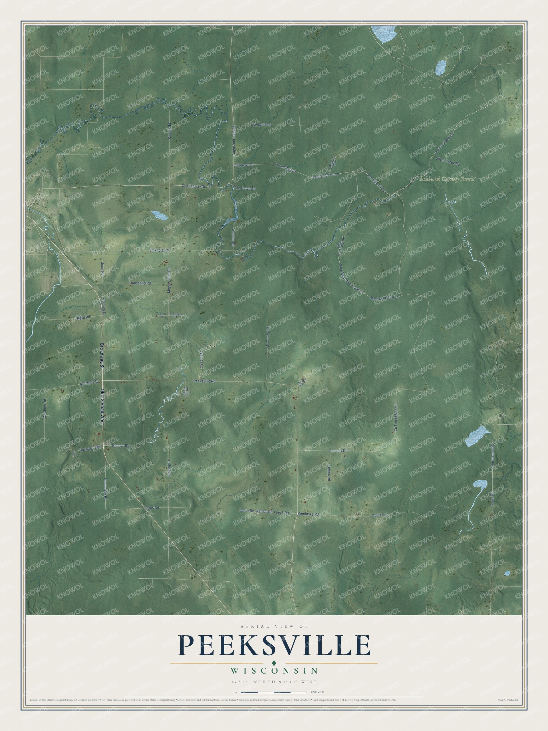 Full map of Peeksville, Wisconsin, with red buildings, printed street names and the land around them