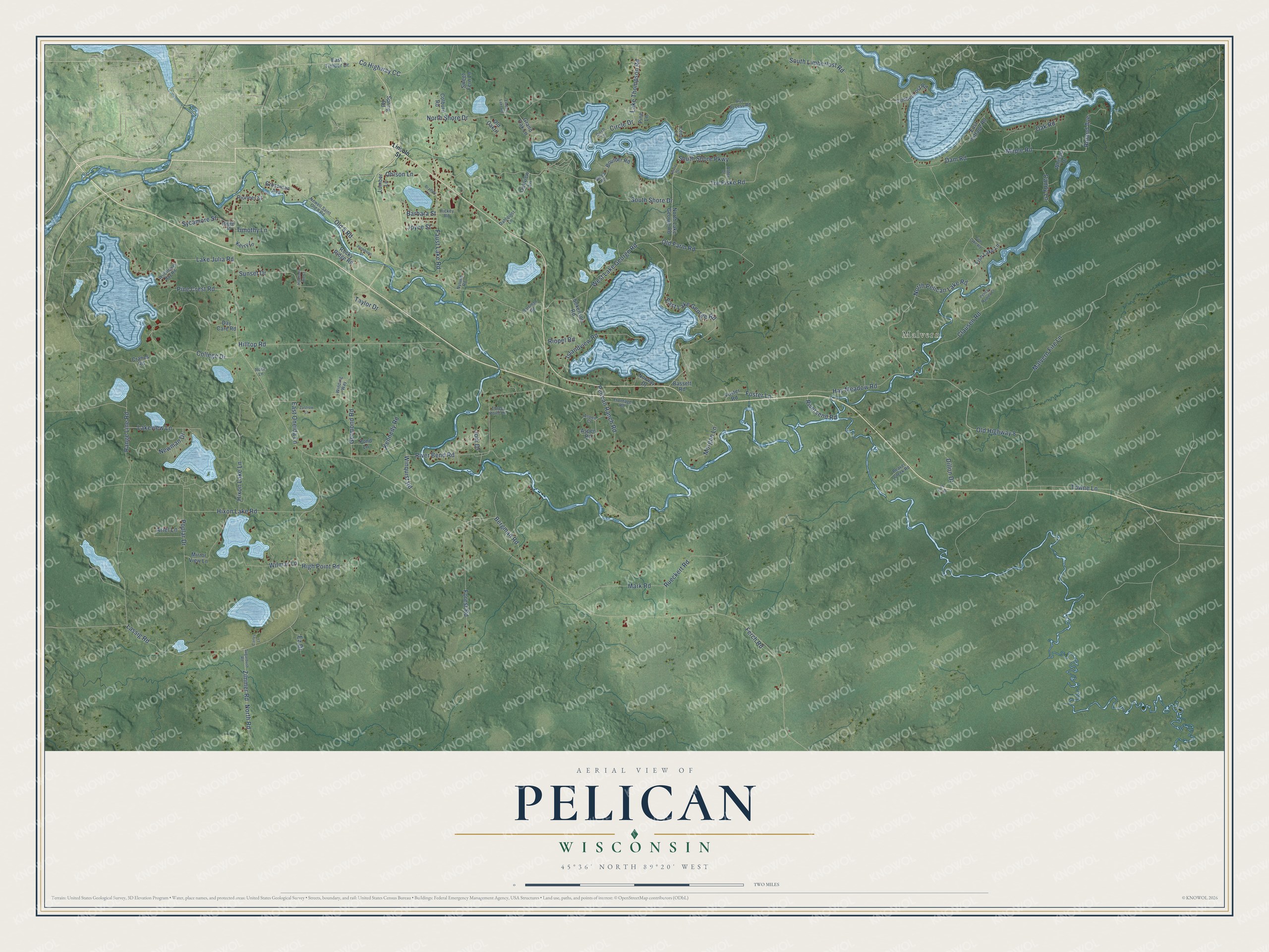 Full map of Pelican, Wisconsin, with red buildings, printed street names and the land around them